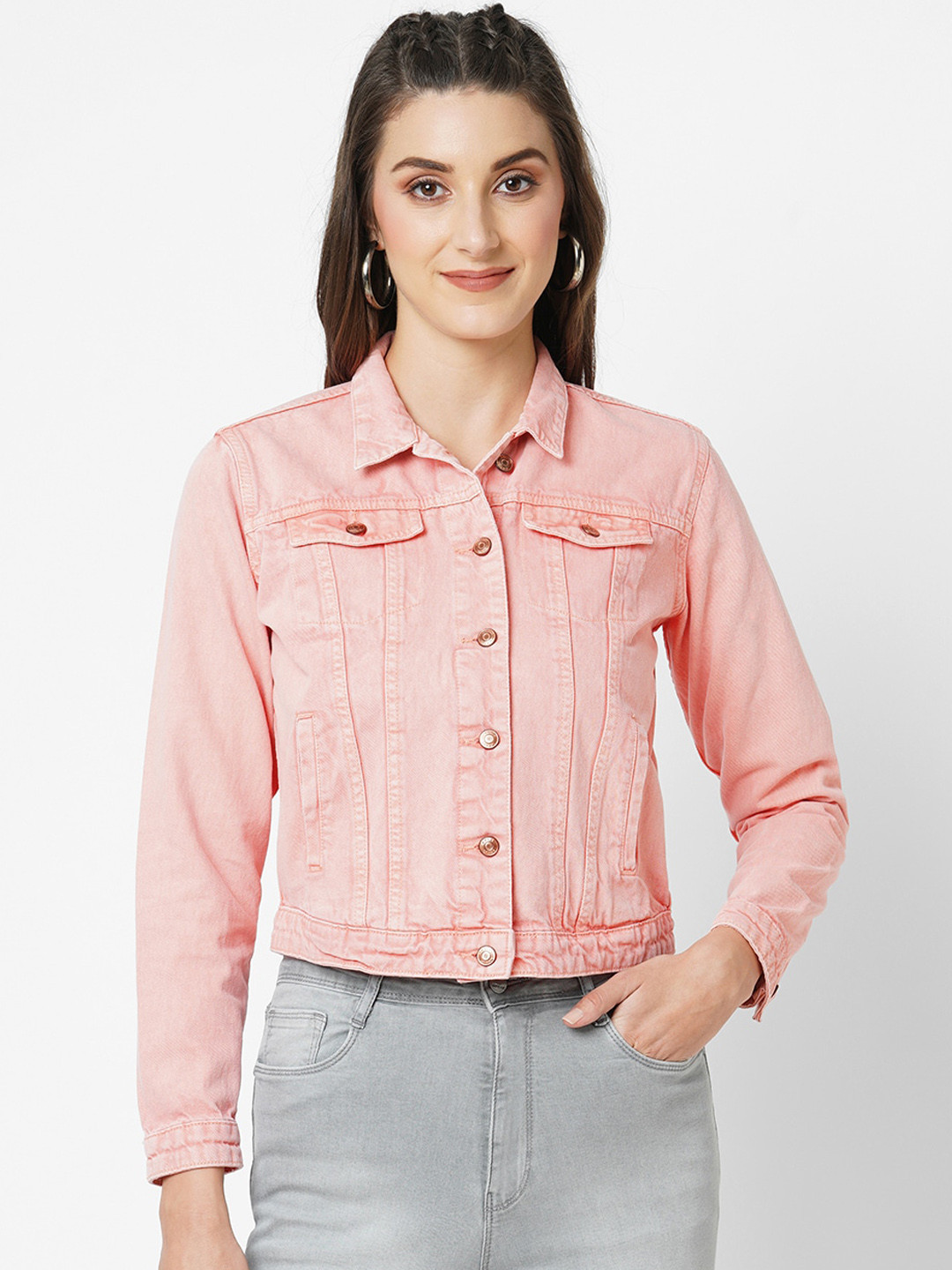 Kraus Jeans Long Sleeves Crop Denim Jacket, Pink 
Kraus Jeans Long Sleeves Crop Denim Jacket, Pink