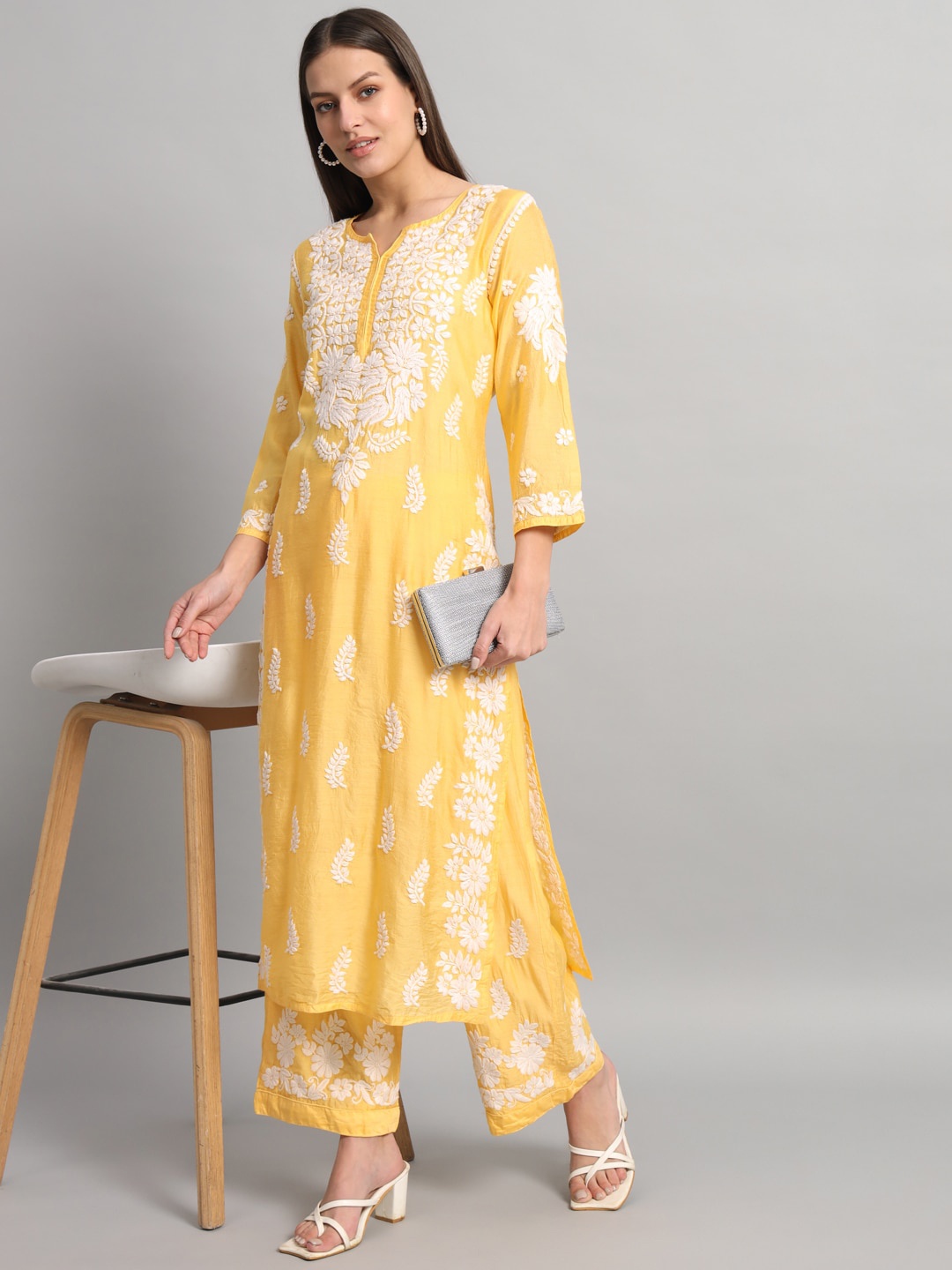 PARAMOUNT CHIKAN Ethnic Motifs Regular Chikankari Chanderi Cotton Kurta with Palazzos, Yellow
PARAMOUNT CHIKAN Ethnic Motifs Regular Chikankari Chanderi Cotton Kurta with Palazzos, Yellow
