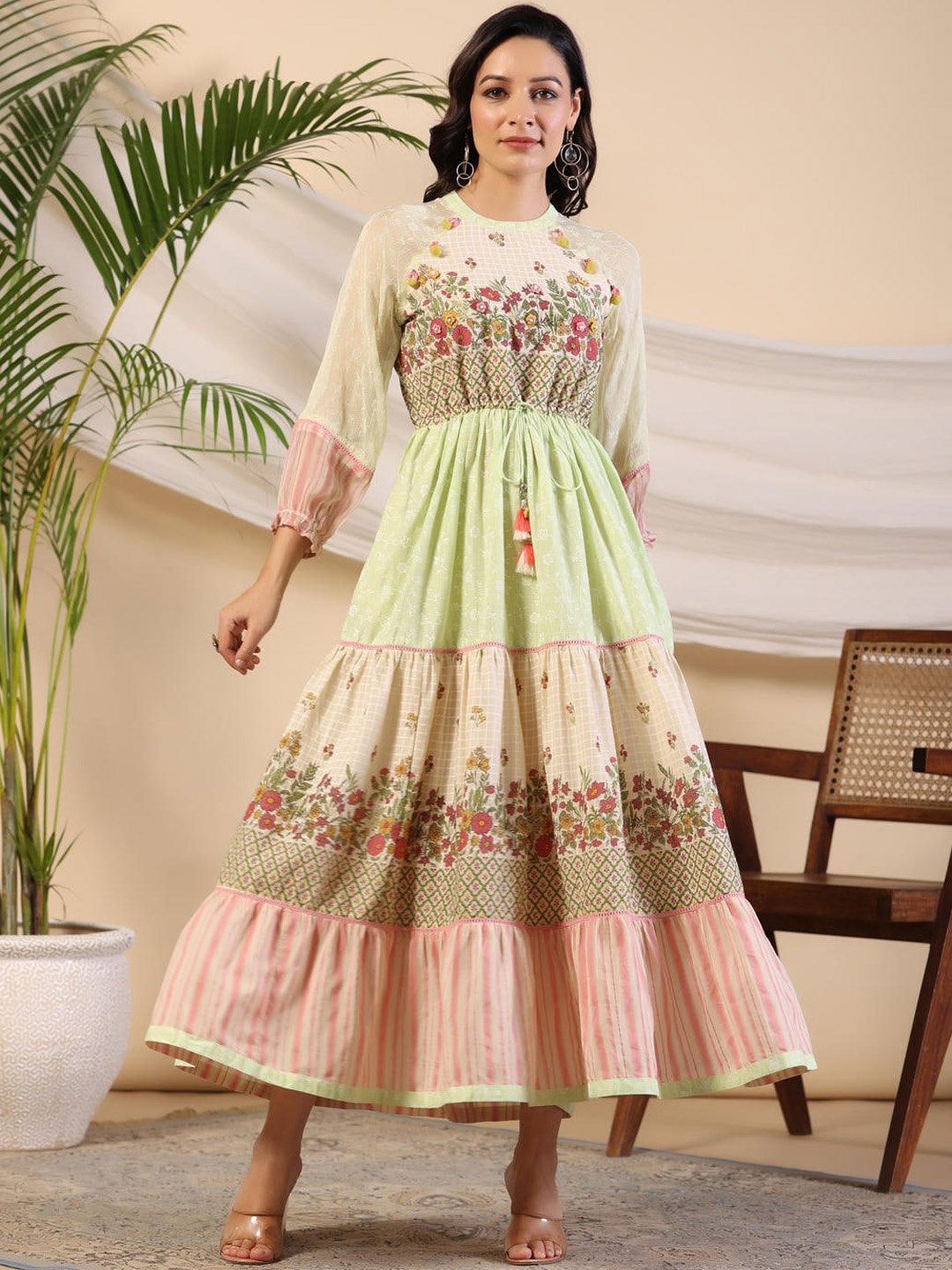 Juniper Floral Printed Gathered Tiered Applique Fit & Flare Midi Ethnic Dress, Green
Juniper Floral Printed Gathered Tiered Applique Fit & Flare Midi Ethnic Dress, Green