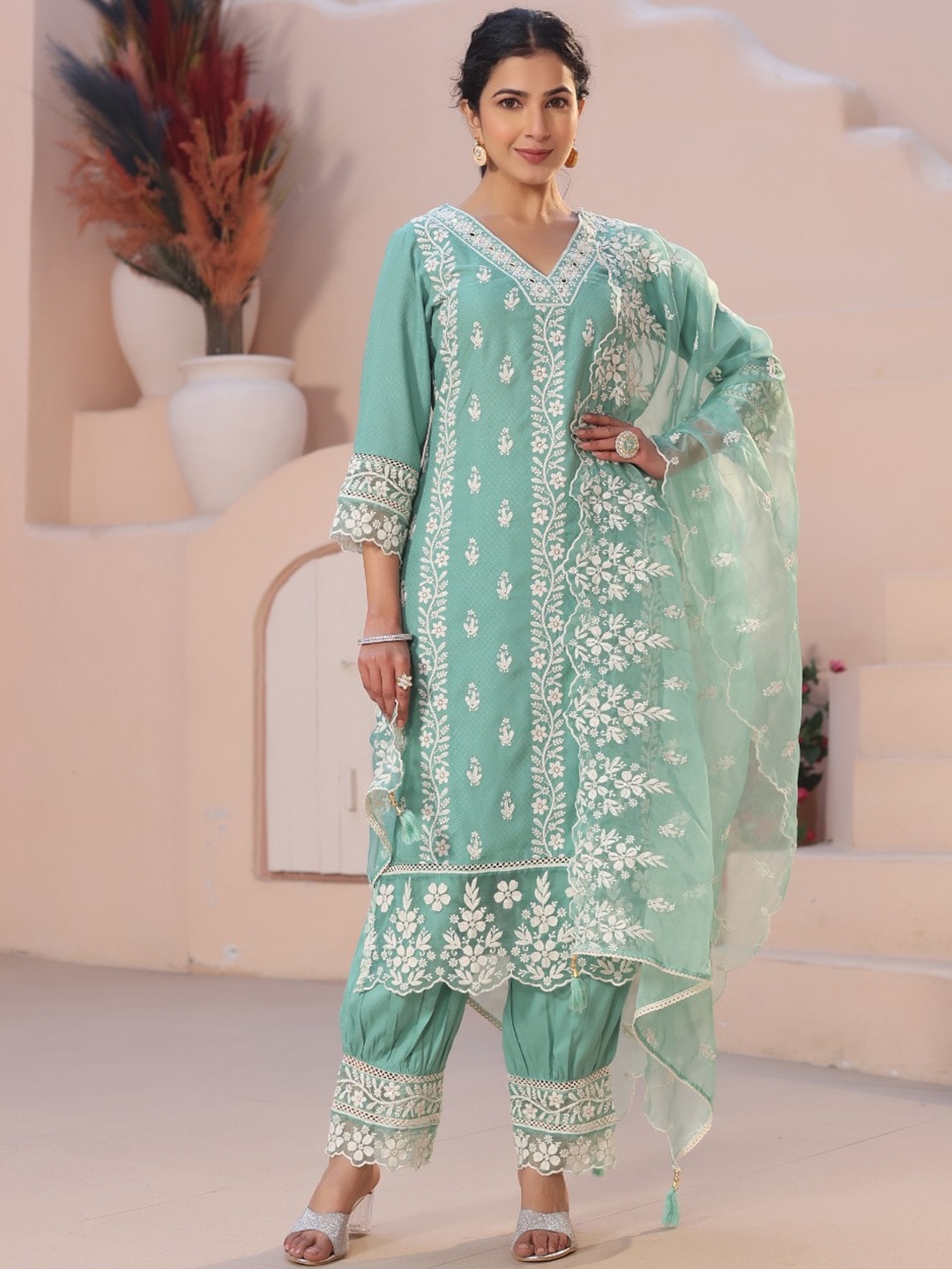 KAJREE Women Ethnic Motifs Embroidered V-Neck Straight Kurta with Salwar & Dupatta, Sea green
KAJREE Women Ethnic Motifs Embroidered V-Neck Straight Kurta with Salwar & Dupatta, Sea green