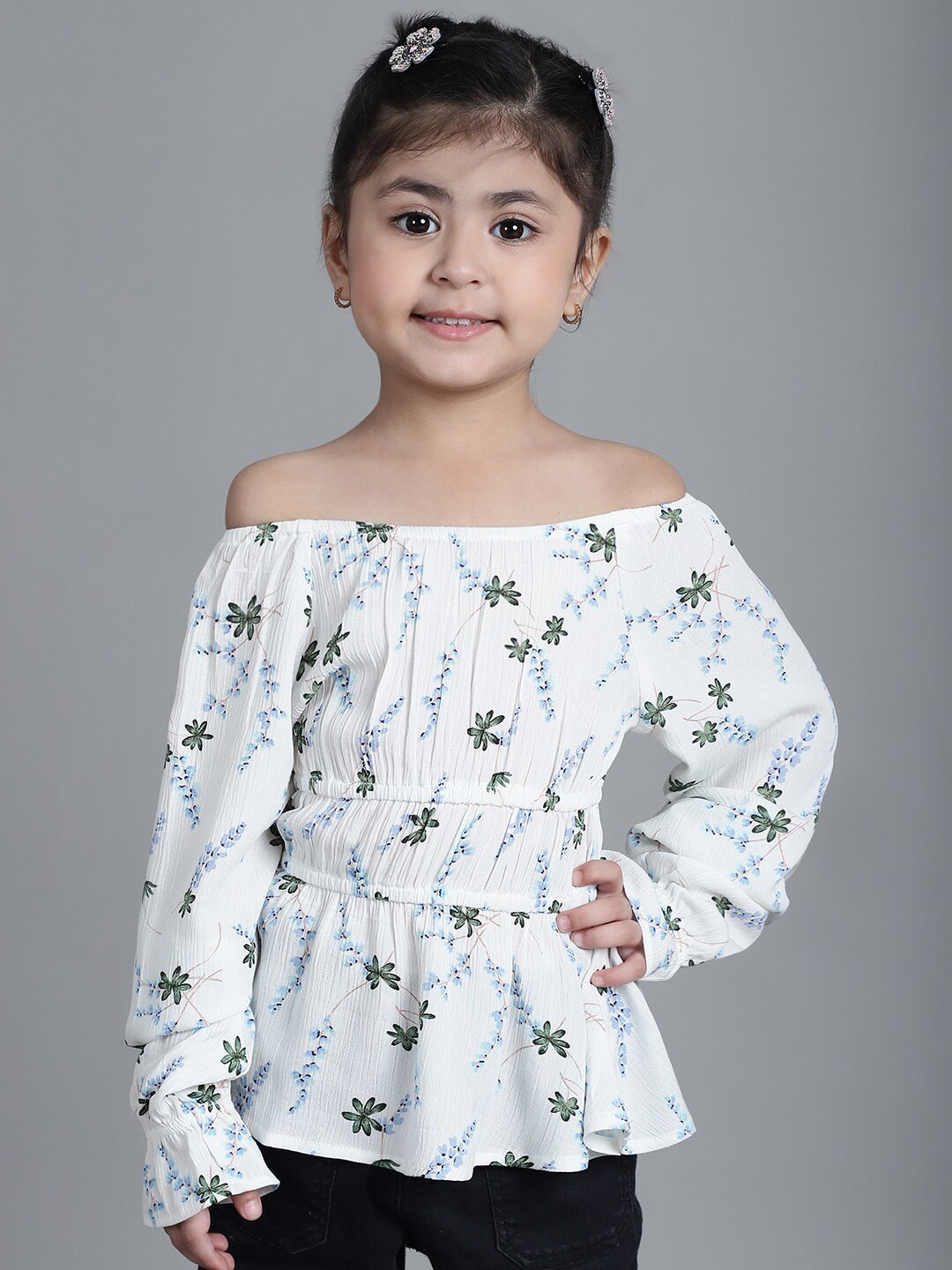 MINI & MING Girls Floral Printed Off-Shoulder Puff Sleeves Gathered Bardot Top, Cream
MINI & MING Girls Floral Printed Off-Shoulder Puff Sleeves Gathered Bardot Top, Cream