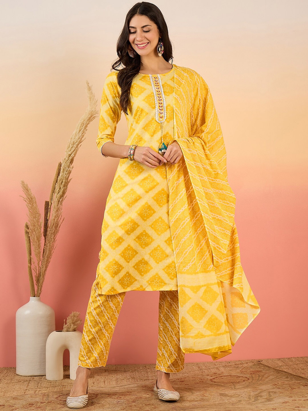 Vastramyaa Bandhani Printed Pure Cotton Straight Kurta & Trousers With Dupatta, Yellow
Vastramyaa Bandhani Printed Pure Cotton Straight Kurta & Trousers With Dupatta, Yellow