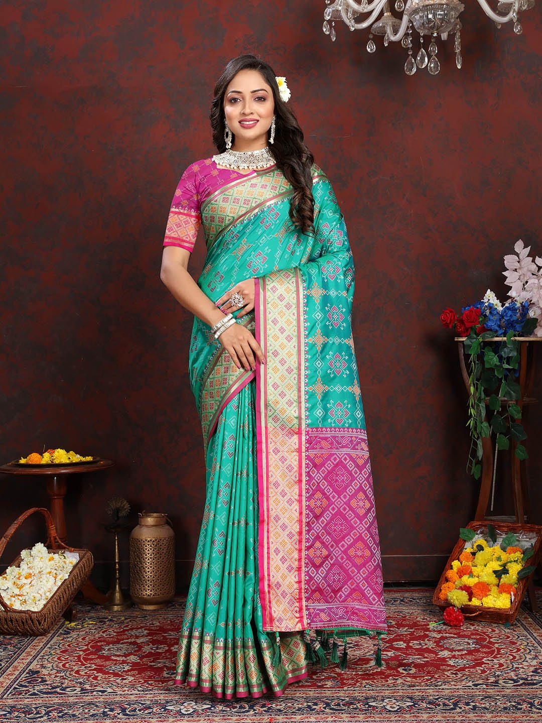 Ekta Textiles Ethnic Motifs Woven Design Zari Pure Silk Patola Saree, Turquoise blue
Ekta Textiles Ethnic Motifs Woven Design Zari Pure Silk Patola Saree, Turquoise blue