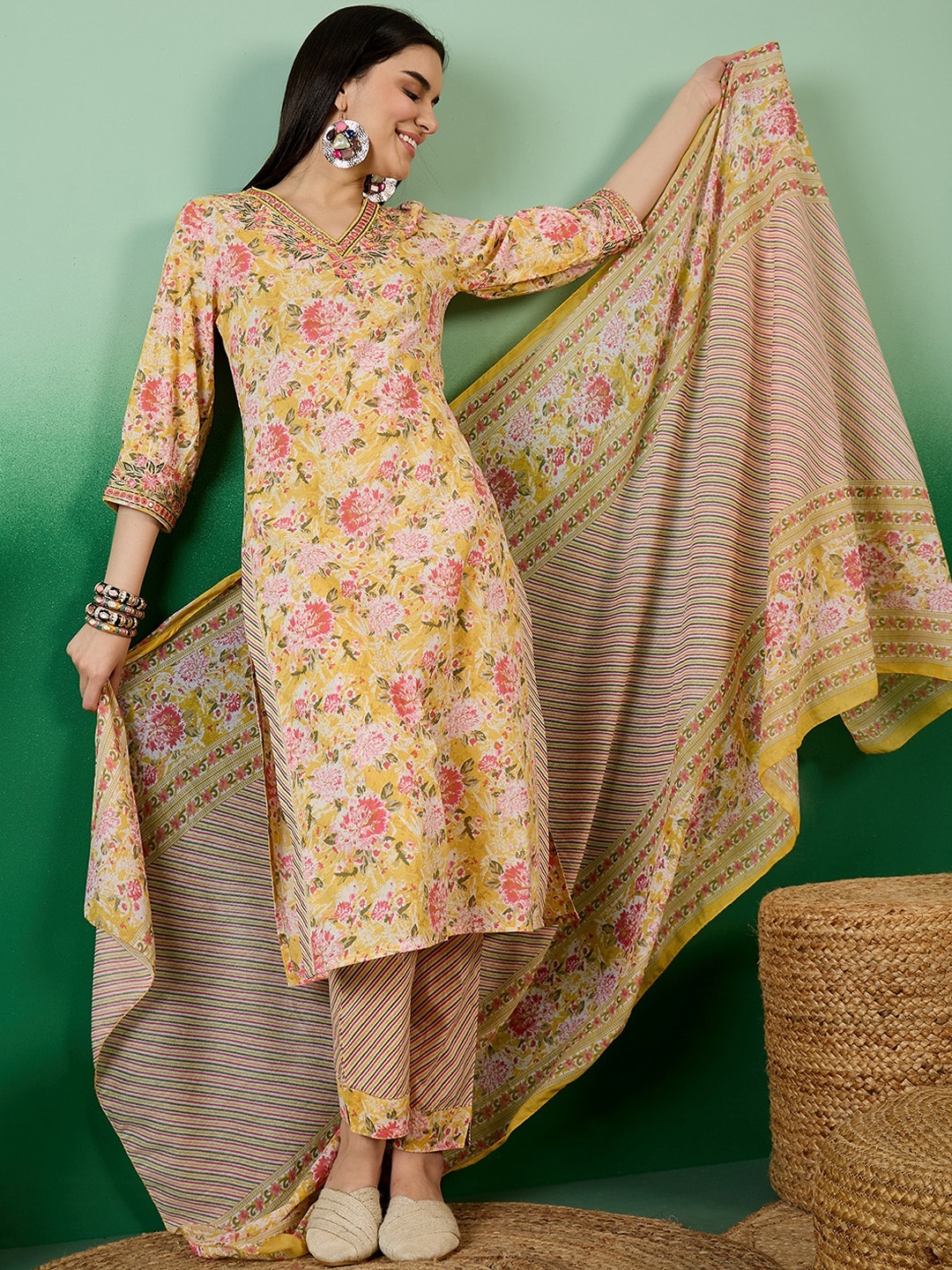 Sangria Yellow Floral Printed Pure Cotton Round Neck Kurta With Trousers & Dupatta
Sangria Yellow Floral Printed Pure Cotton Round Neck Kurta With Trousers & Dupatta