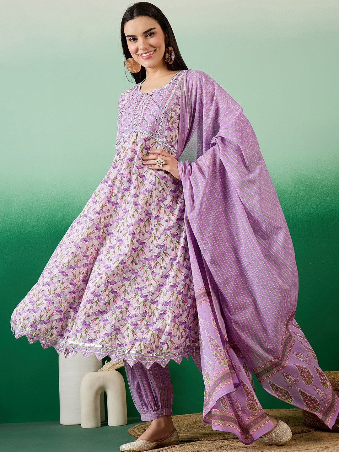 Sangria Purple Floral Printed Pure Cotton V-Neck Anarkali Kurta With Trousers & Dupatta
Sangria Purple Floral Printed Pure Cotton V-Neck Anarkali Kurta With Trousers & Dupatta