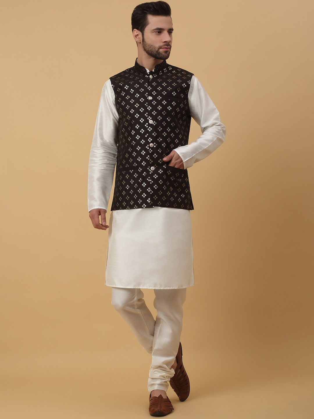 KRAFT INDIA Mandarin Collar Regular Kurta With Churidar & Sequinned Nehru Jacket, Cream
KRAFT INDIA Mandarin Collar Regular Kurta With Churidar & Sequinned Nehru Jacket, Cream