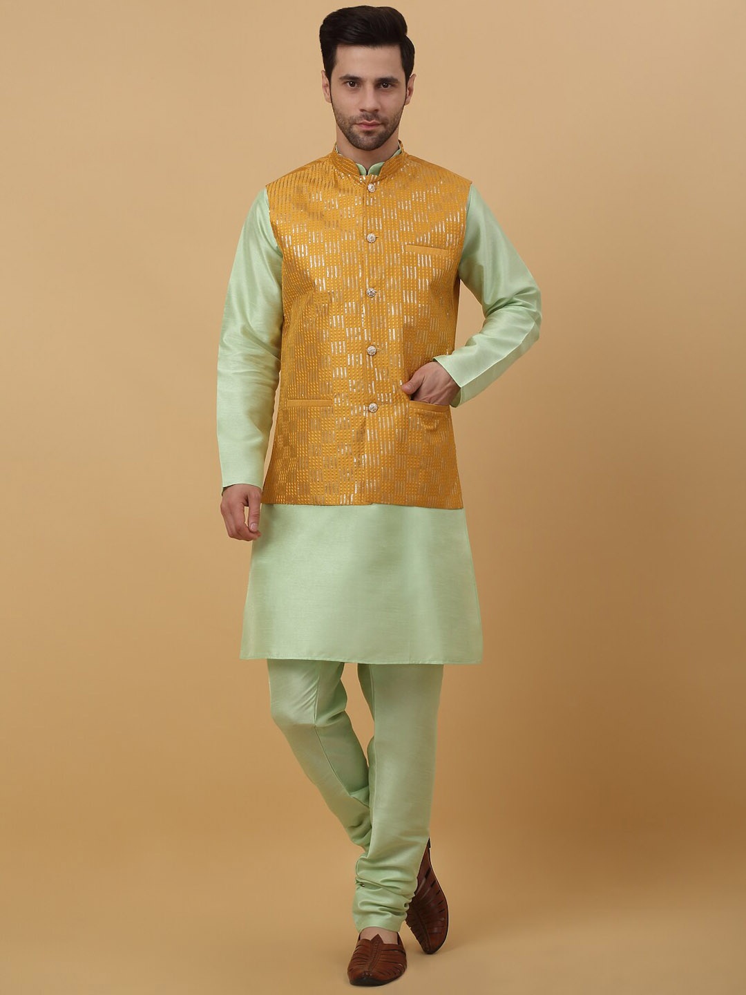 KRAFT INDIA Mandarin Collar Long Sleeves Regular Kurta With Churidar & Jacket, Sea green
KRAFT INDIA Mandarin Collar Long Sleeves Regular Kurta With Churidar & Jacket, Sea green