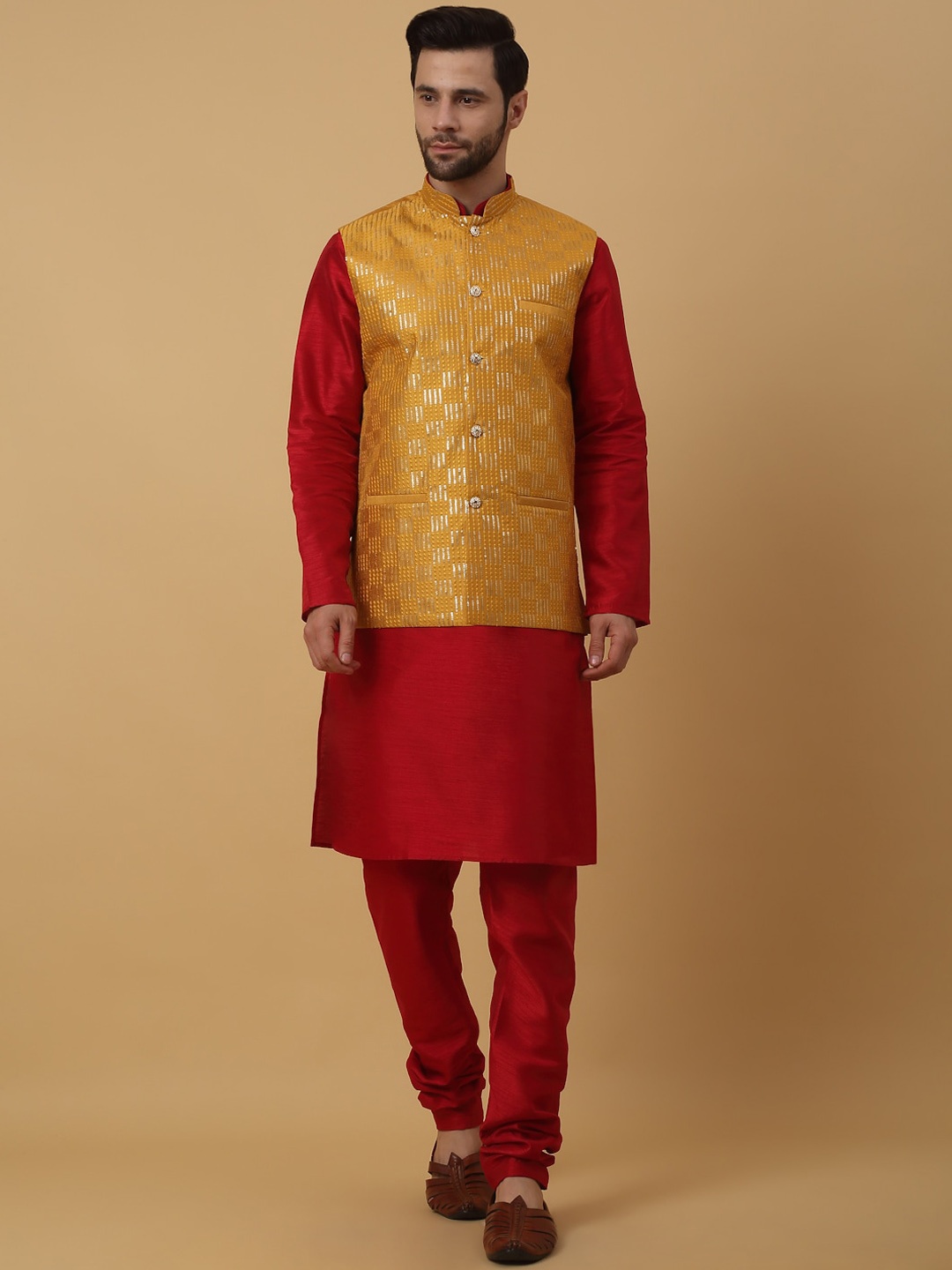 KRAFT INDIA Mandarin Collar Long Sleeves Regular Kurta With Churidar & Nehru Jacket, Maroon
KRAFT INDIA Mandarin Collar Long Sleeves Regular Kurta With Churidar & Nehru Jacket, Maroon