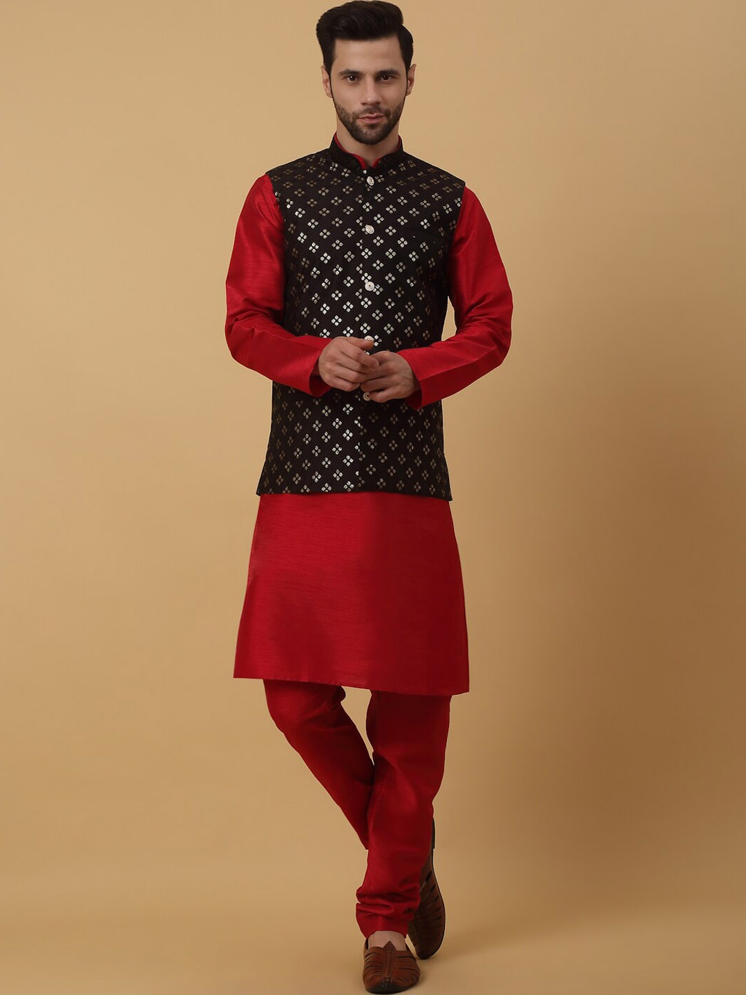 KRAFT INDIA Mandarin Collar Sequinned Kurta With Churidar & Cotton Silk Nehru Jacket, Maroon
KRAFT INDIA Mandarin Collar Sequinned Kurta With Churidar & Cotton Silk Nehru Jacket, Maroon