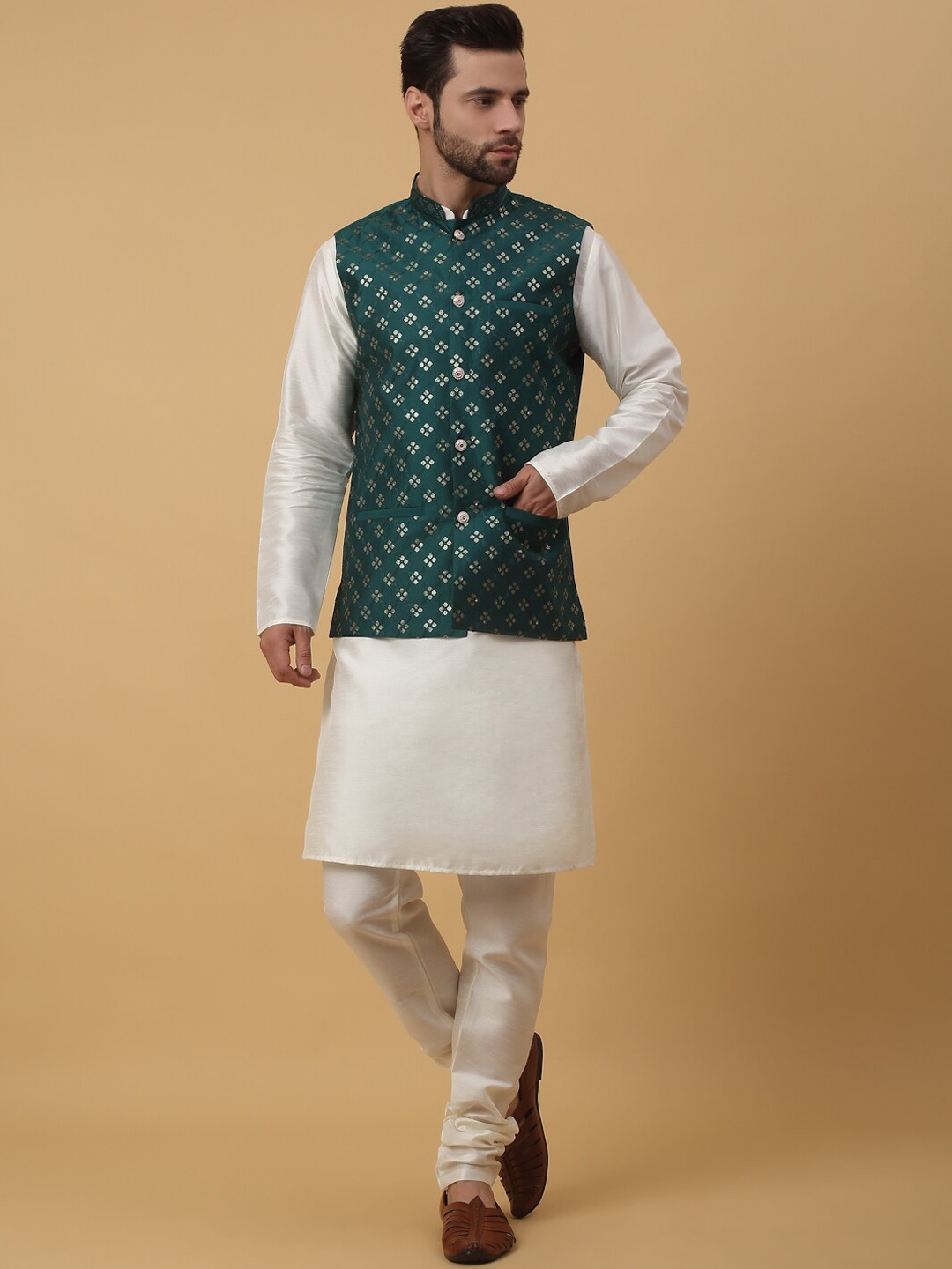 KRAFT INDIA Cotton Silk Regular Sequinned Kurta with Churidar & Nehru Jacket, Cream
KRAFT INDIA Cotton Silk Regular Sequinned Kurta with Churidar & Nehru Jacket, Cream