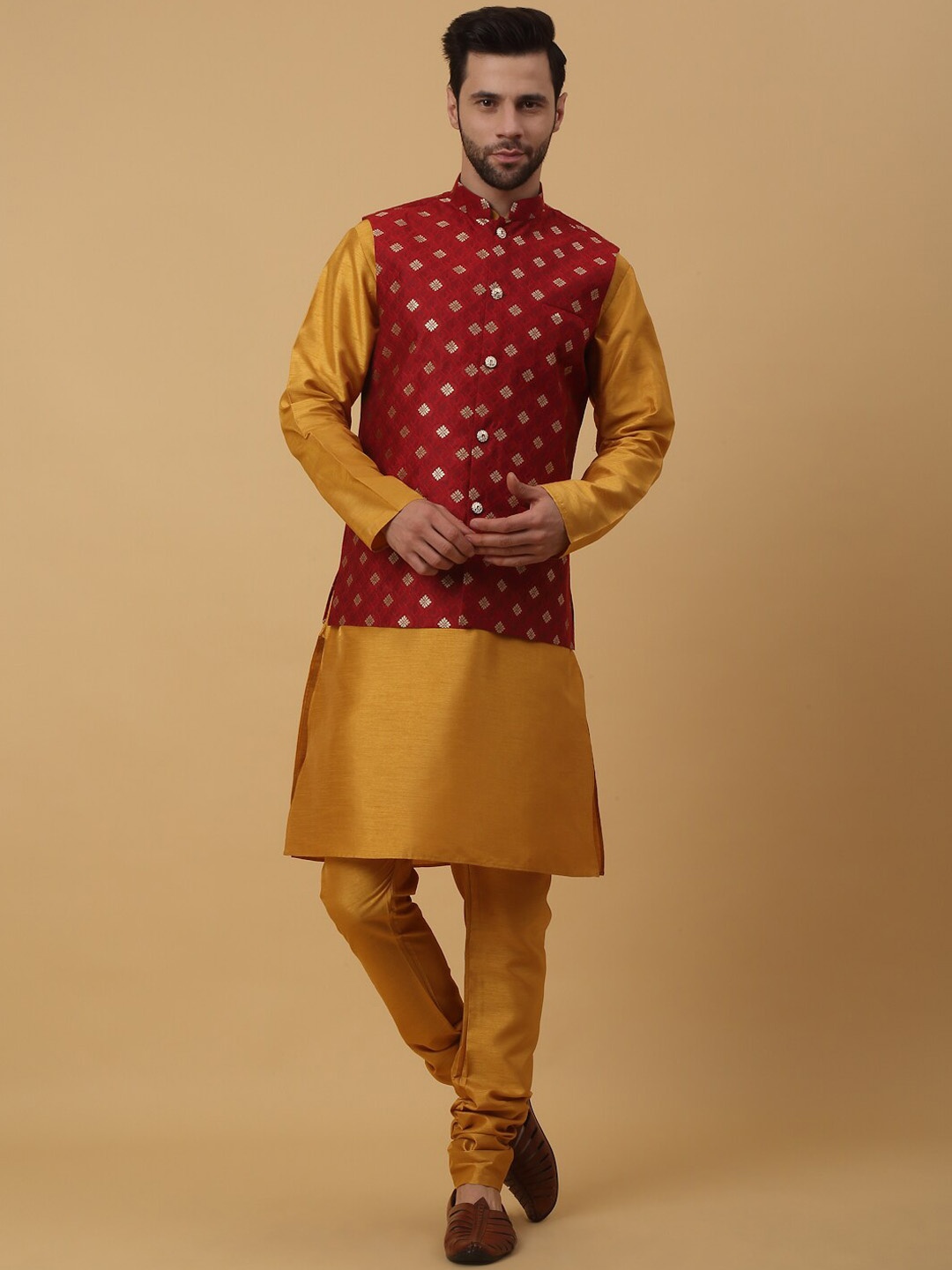 KRAFT INDIA Mandarin Collar Long Sleeves Regular Kurta With Churidar & Jacket, Mustard
KRAFT INDIA Mandarin Collar Long Sleeves Regular Kurta With Churidar & Jacket, Mustard