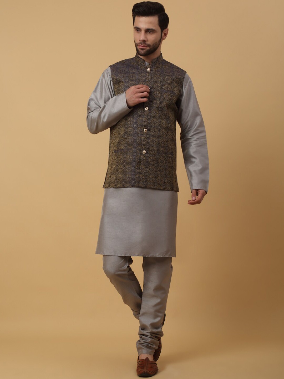 KRAFT INDIA Jacquard Mandarin Collar Straight Kurta & Churidar With Nehru Jacket, Grey
KRAFT INDIA Jacquard Mandarin Collar Straight Kurta & Churidar With Nehru Jacket, Grey