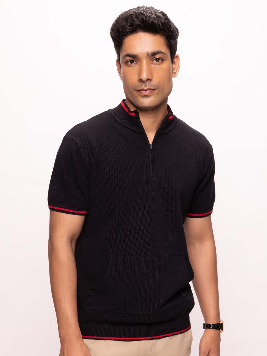 Bombay High Men Regular Fit Half Zip Neck Polo T-Shirt with Contrast Tipping, Black
Bombay High Men Regular Fit Half Zip Neck Polo T-Shirt with Contrast Tipping, Black