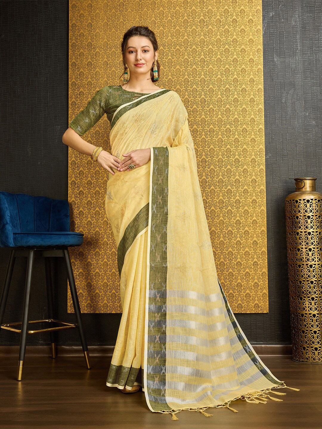Ishin Yellow Ethnic Motifs Embroidered Saree