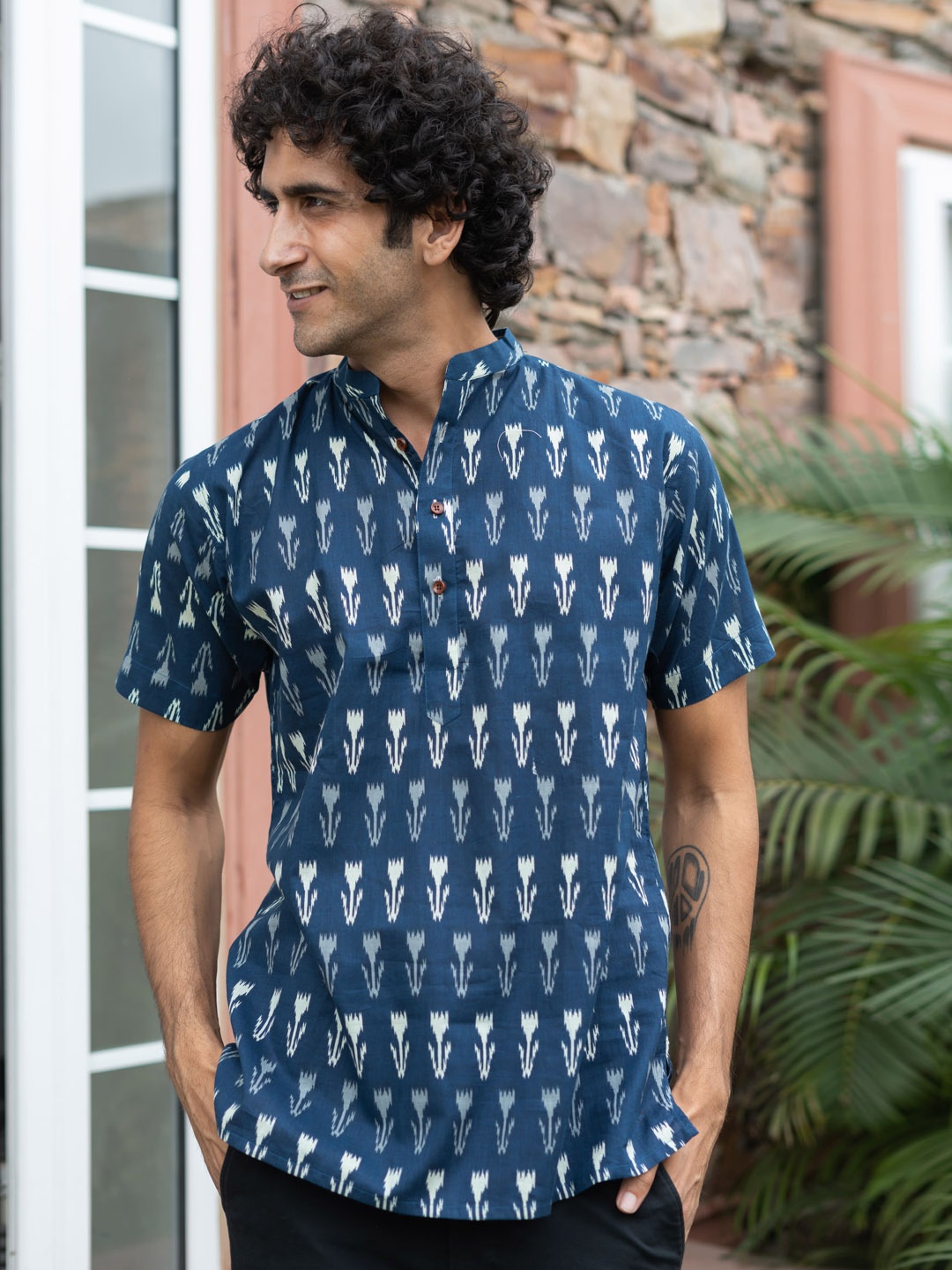 Shasak Ethnic Motifs Ikat Printed Mandarin Collar Short Sleeves Cotton Short Kurta, Navy blue
Shasak Ethnic Motifs Ikat Printed Mandarin Collar Short Sleeves Cotton Short Kurta, Navy blue