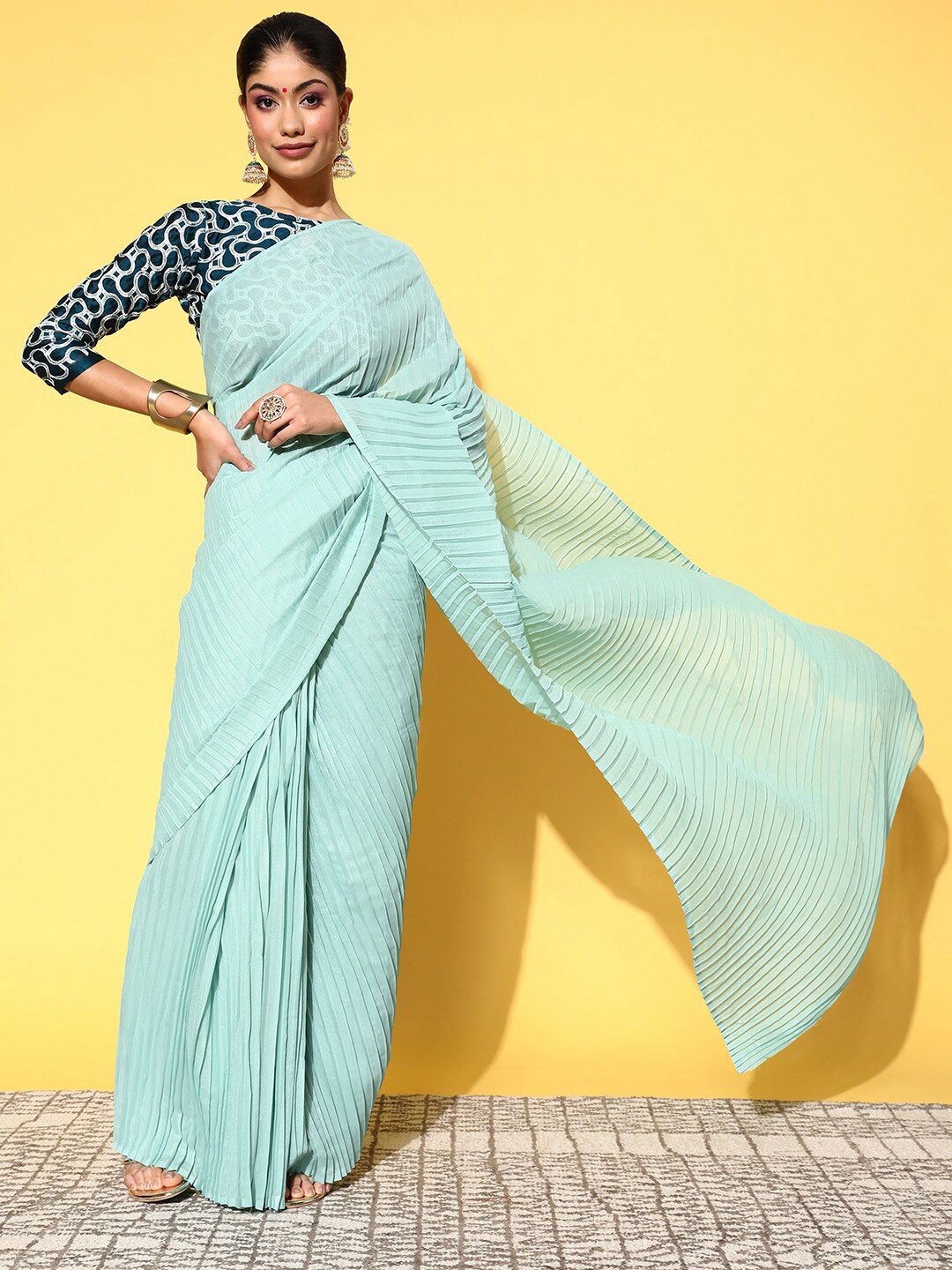 Mitera Art Silk Pleated Saree, Turquoise blue