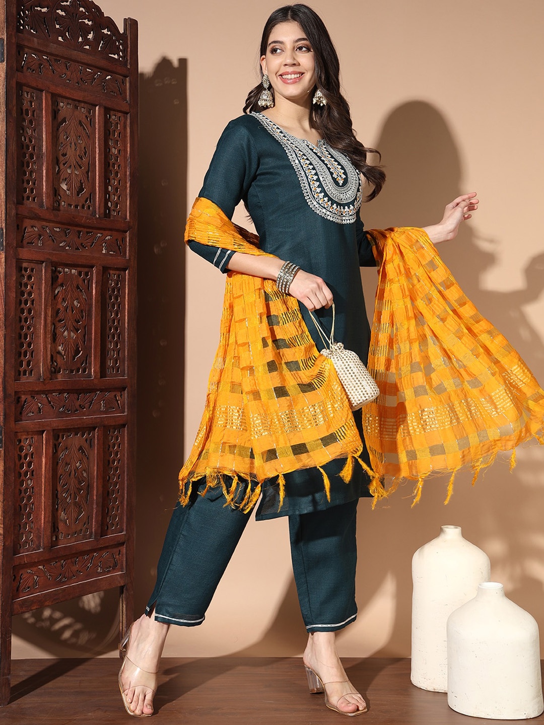 Anouk Teal Blue Ethnic Yoke Design Sequined Thread Work Kurta with Trousers & Dupatta
Anouk Teal Blue Ethnic Yoke Design Sequined Thread Work Kurta with Trousers & Dupatta