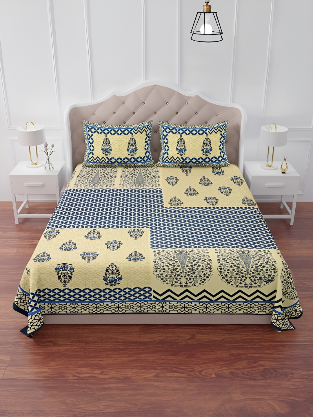 The Craft Monk Blue & Beige Printed Cotton 240 TC King Bedsheet With 2 Pillow Covers
The Craft Monk Blue & Beige Printed Cotton 240 TC King Bedsheet With 2 Pillow Covers
