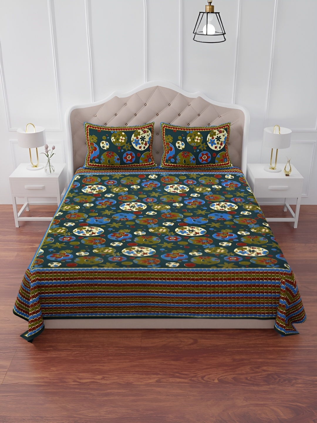 The Craft Monk Green & Blue Printed Cotton 240 TC King Bedsheet With 2 Pillow Covers
The Craft Monk Green & Blue Printed Cotton 240 TC King Bedsheet With 2 Pillow Covers