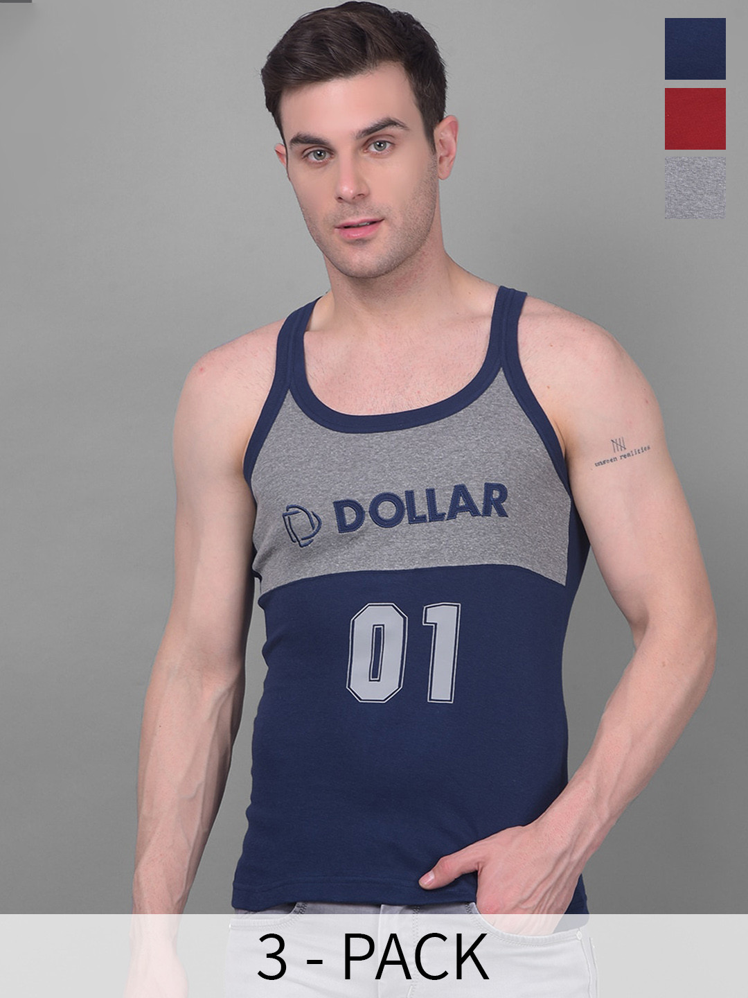 Dollar Bigboss Men Pack of 3 Cotton Racerback Styled Gym Vest, Assorted 
Dollar Bigboss Men Pack of 3 Cotton Racerback Styled Gym Vest, Assorted