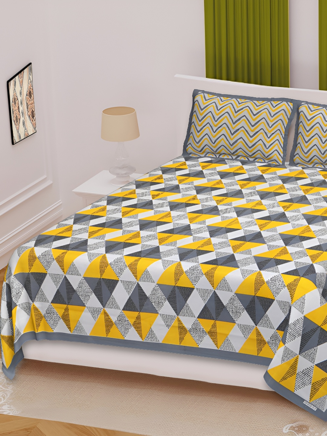 Sohibe Yellow Ethnic Motif Printed Pure Cotton King Size Bed Cover With Pillow Cover