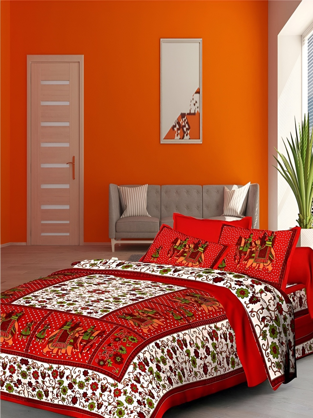 Sohibe Red Floral Printed Pure Cotton King Size Bed Cover With Pillow Cover
