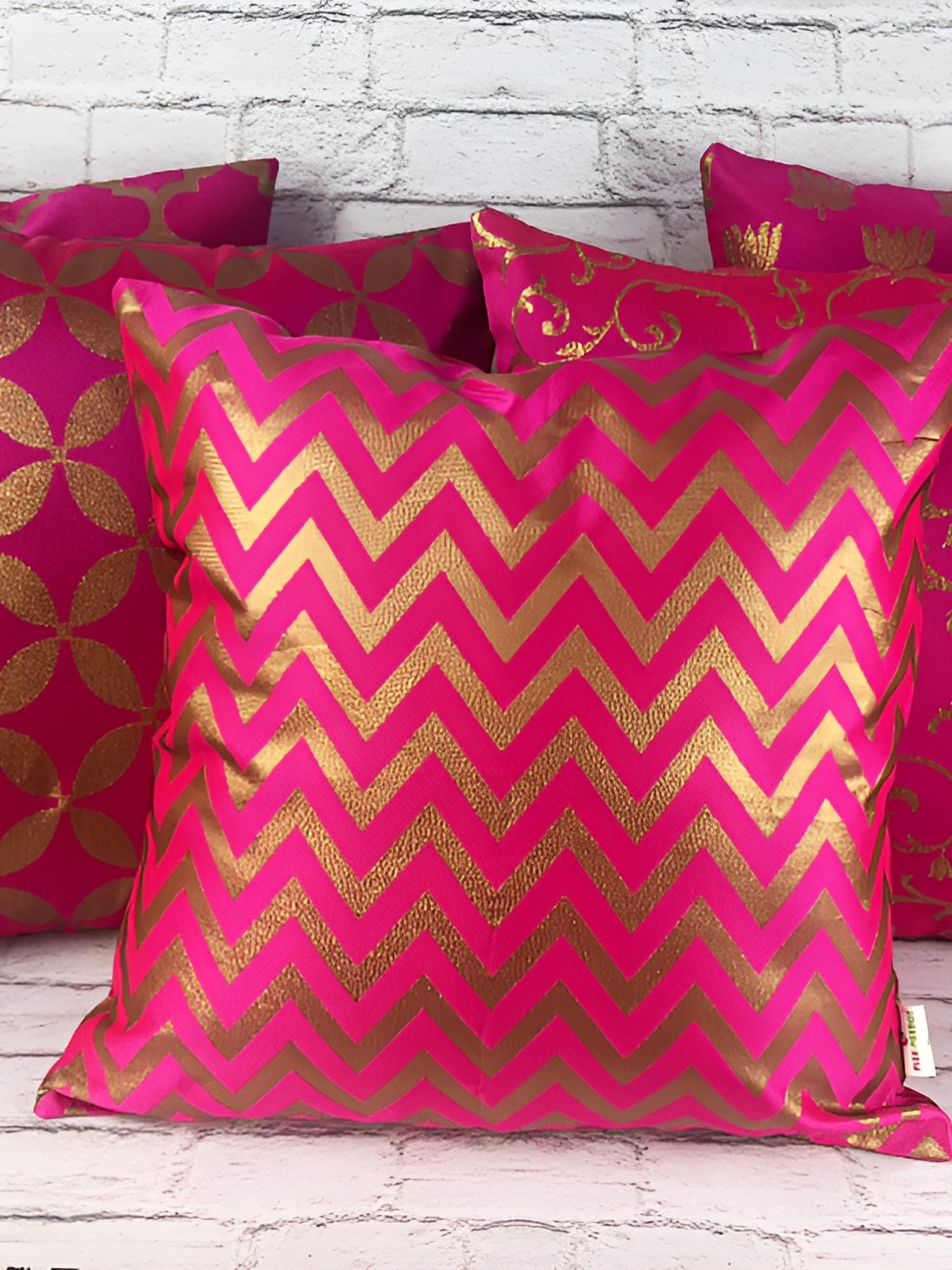 Pink Parrot Pink & Gold-Toned Set of 5 Ethnic Motifs Square Cushion Covers