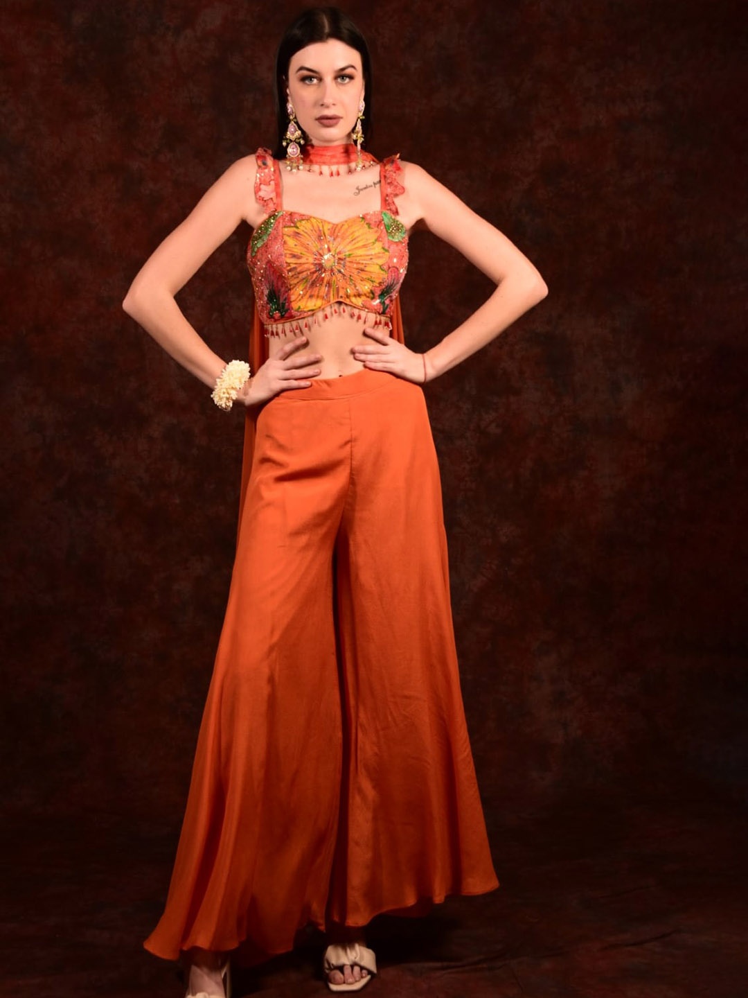 Laalzari Embroidered Georgette Crop Top & Flared Palazzos With Dupatta Ethnic Co-Ords, Orange
Laalzari Embroidered Georgette Crop Top & Flared Palazzos With Dupatta Ethnic Co-Ords, Orange