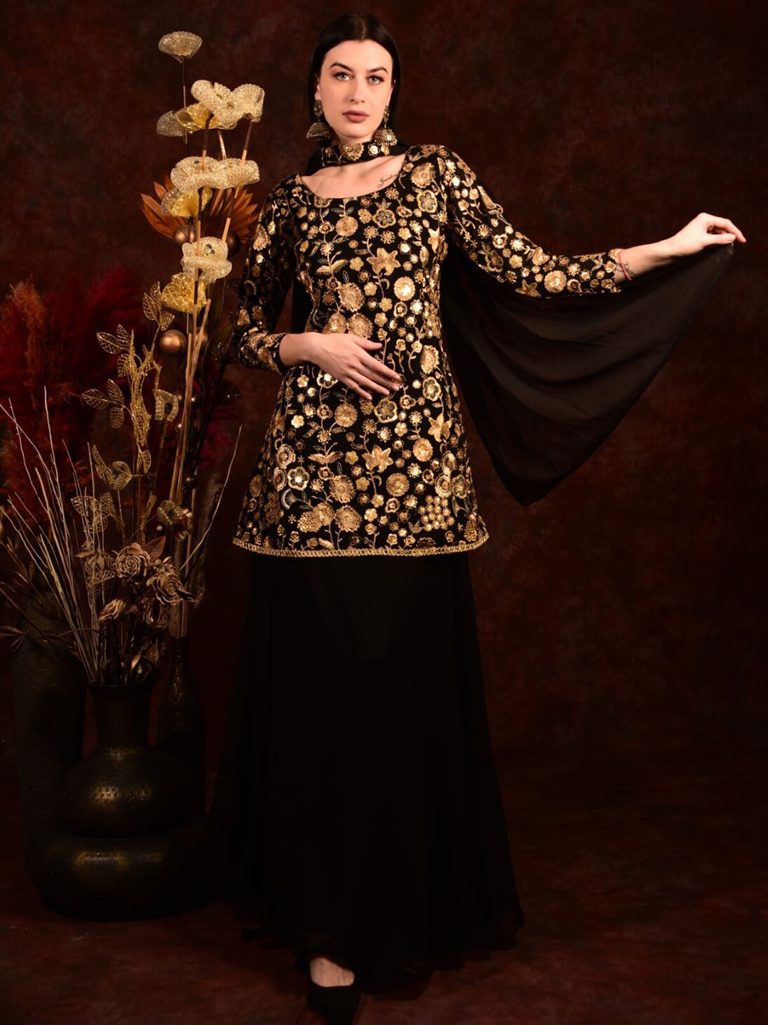 Laalzari Ethnic Motifs Embroidered Layered Georgette Thread Work Straight Top With Skirt, Black
Laalzari Ethnic Motifs Embroidered Layered Georgette Thread Work Straight Top With Skirt, Black