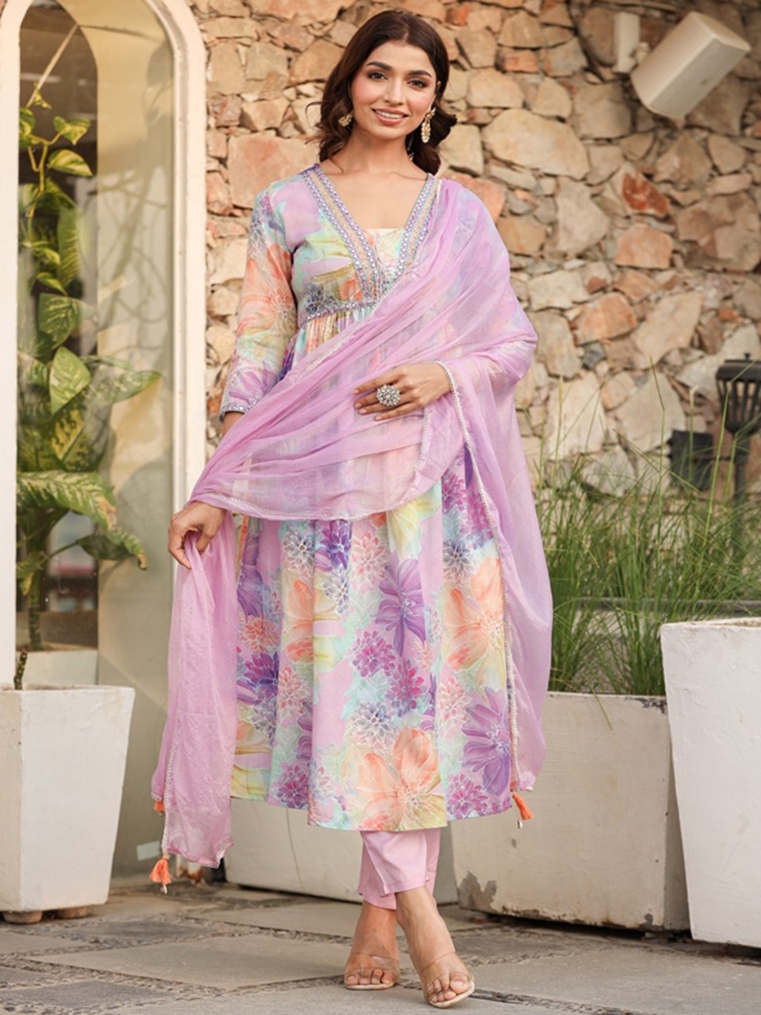 LALI JAIPUR Floral Printed Mirror Work Empire Anarkali Kurta With Trousers & Dupatta, Purple
LALI JAIPUR Floral Printed Mirror Work Empire Anarkali Kurta With Trousers & Dupatta, Purple