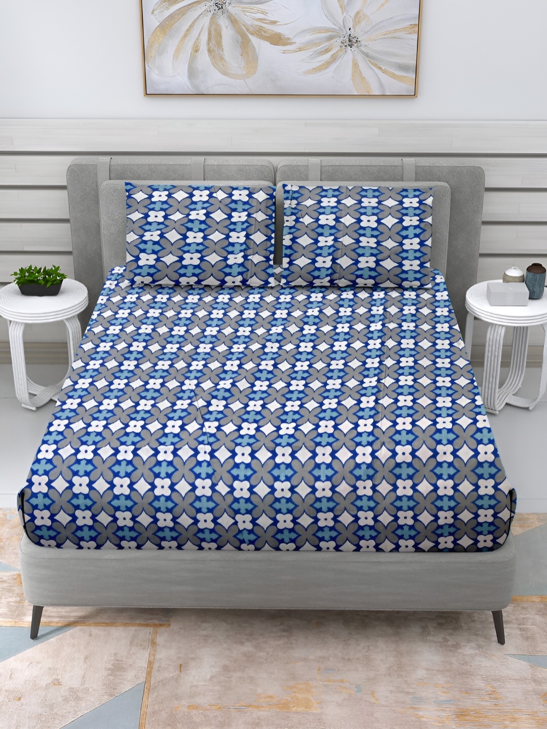 Cortina Blue & White Ethnic Motifs Cotton 144 TC Queen Bedsheet with 2 Pillow Covers
Cortina Blue & White Ethnic Motifs Cotton 144 TC Queen Bedsheet with 2 Pillow Covers