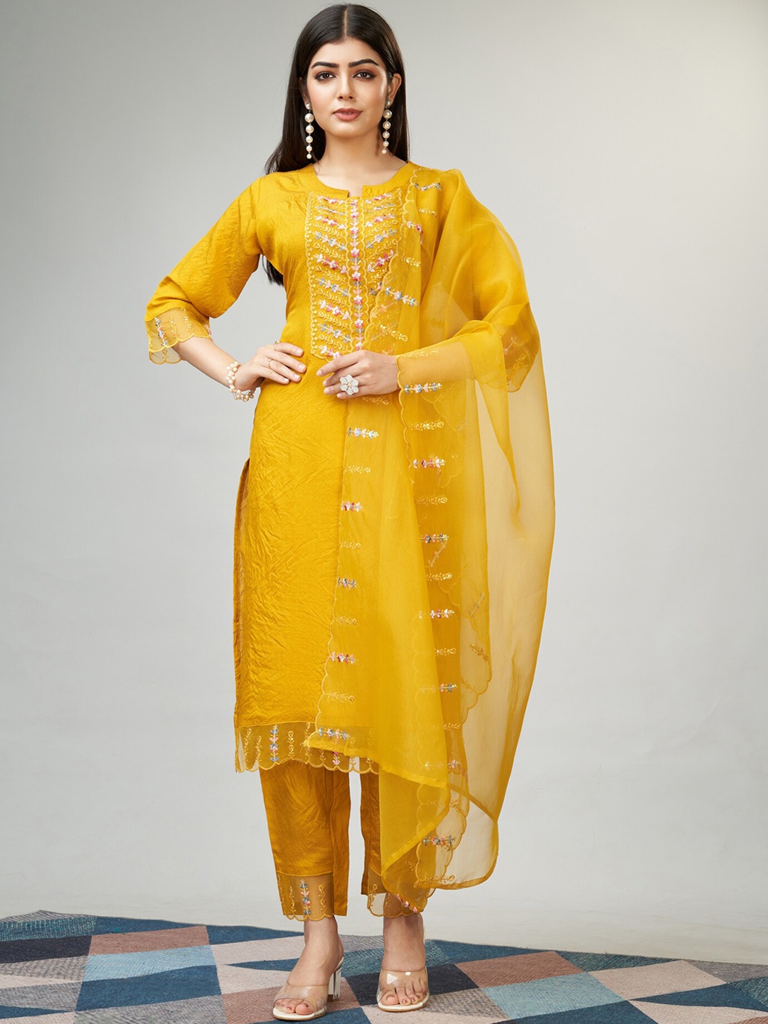 Growdamy Floral Yoke Design Straight Thread Work Kurta with Trousers & Dupatta, Mustard
Growdamy Floral Yoke Design Straight Thread Work Kurta with Trousers & Dupatta, Mustard