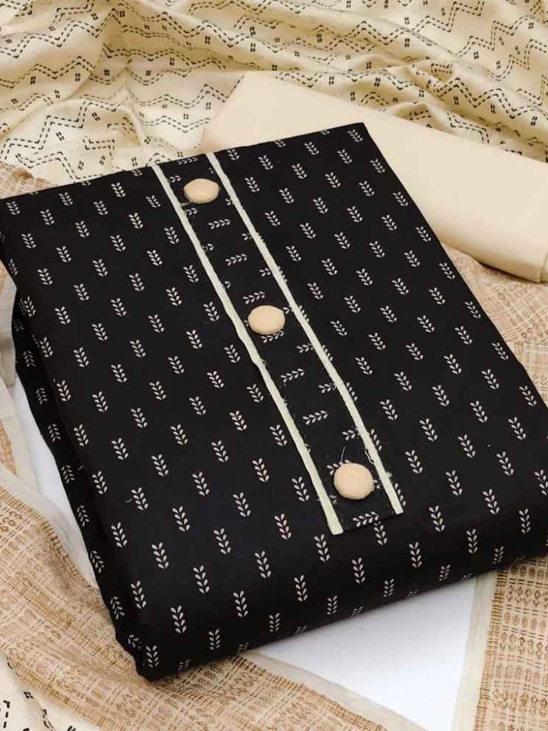 faxofab Ethnic Printed Unstitched Dress Material, Black