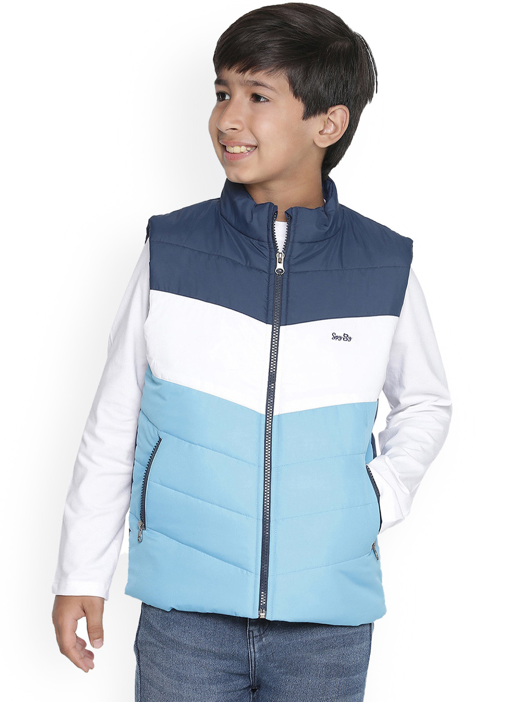 SPYBY Boys Colourblocked Mock Collar Sleeveless Padded Jacket, Navy blue
SPYBY Boys Colourblocked Mock Collar Sleeveless Padded Jacket, Navy blue
