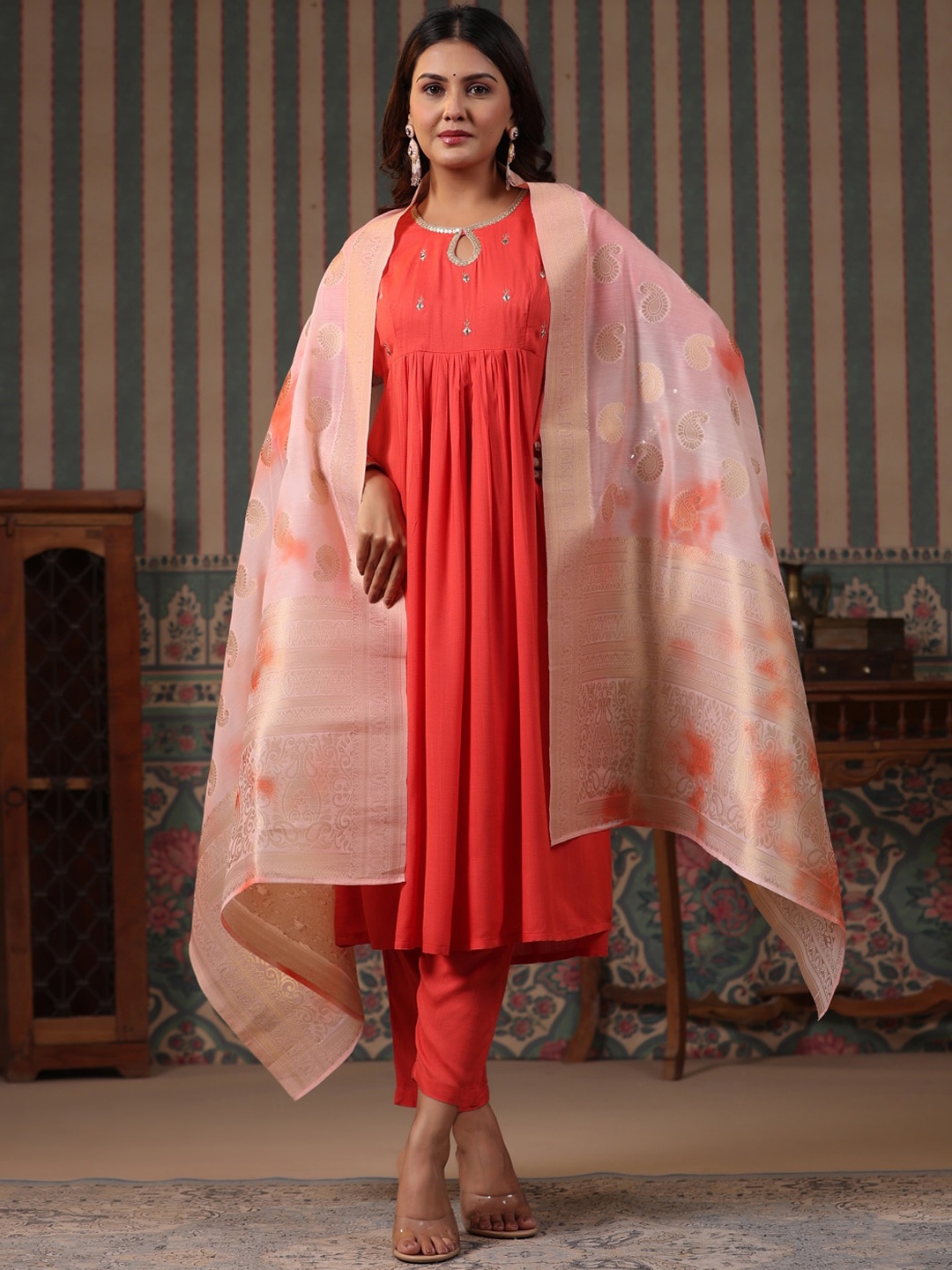 FASHOR Keyhole Neck Long Sleeves Mirror Embroidered A line Kurta with Trouser & Dupatta, Peach
FASHOR Keyhole Neck Long Sleeves Mirror Embroidered A line Kurta with Trouser & Dupatta, Peach