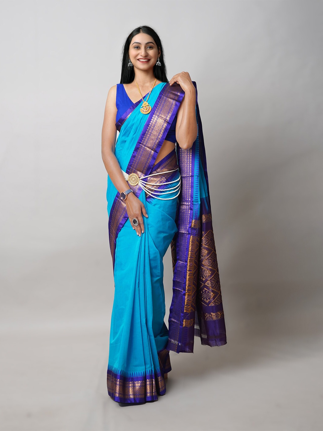 Unnati Silks Zari Pure Cotton Handloom Gadwal Saree, Blue