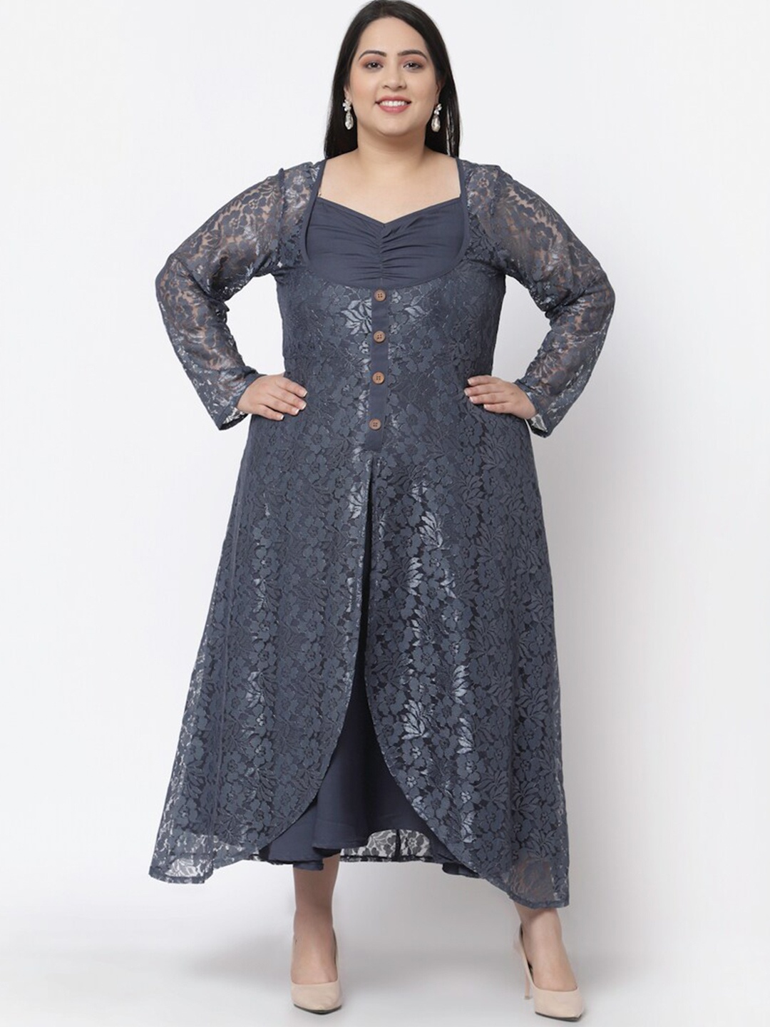 Flambeur Print Net Maxi Dress, Grey