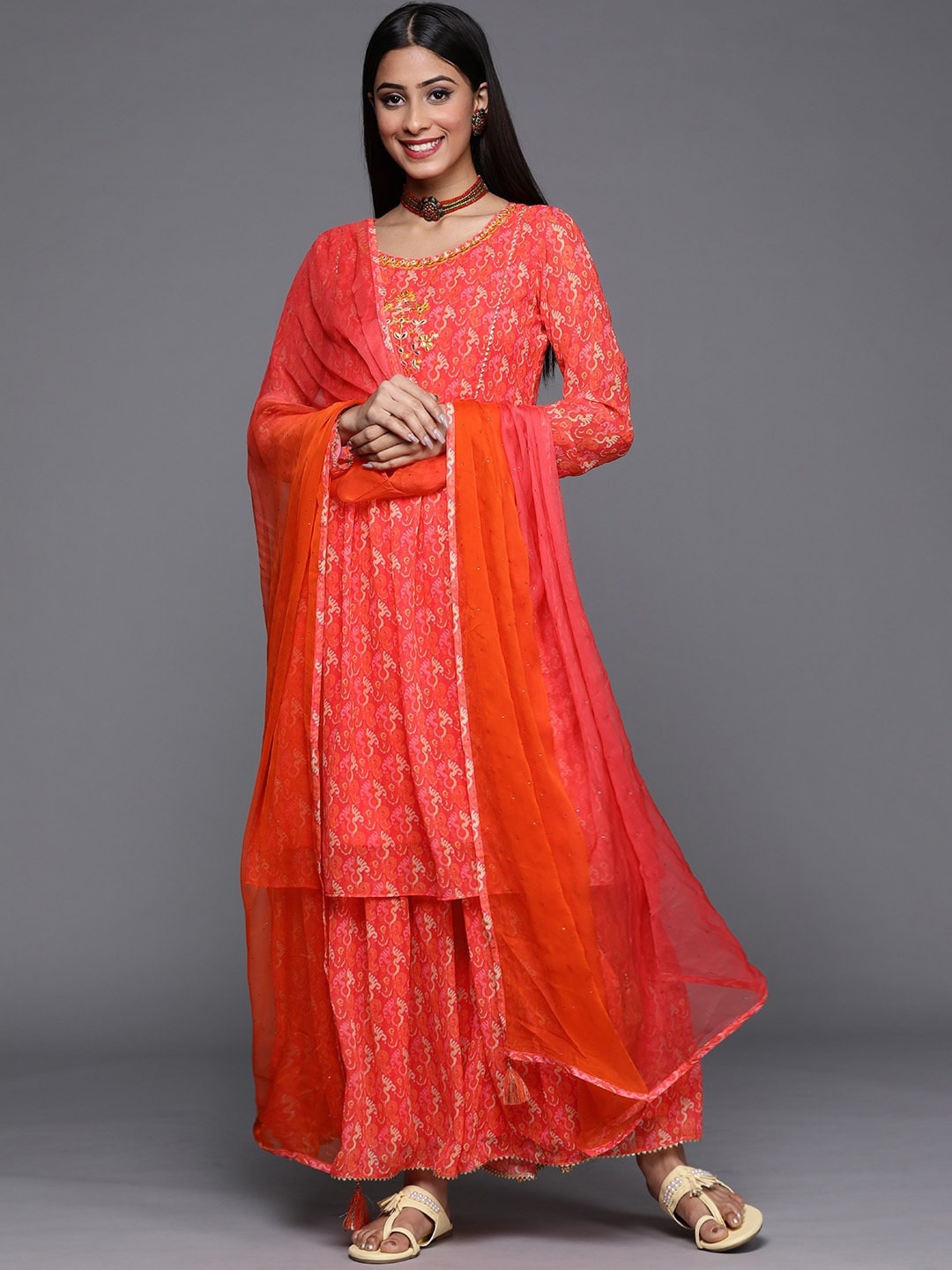 SWAADHI Ethnic Motifs Printed Georgette Mirror Work Straight Kurta With Palazzos & Dupatta, Orange
SWAADHI Ethnic Motifs Printed Georgette Mirror Work Straight Kurta With Palazzos & Dupatta, Orange