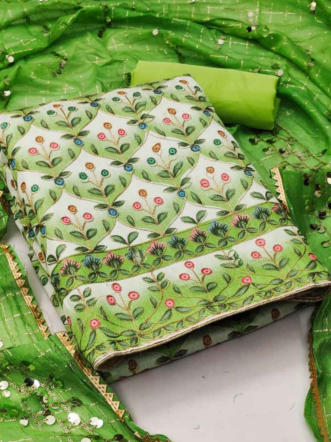 faxofab Ethnic Motifs Printed Sequinned Silk Georgette Unstitched Dress Material, Green
faxofab Ethnic Motifs Printed Sequinned Silk Georgette Unstitched Dress Material, Green