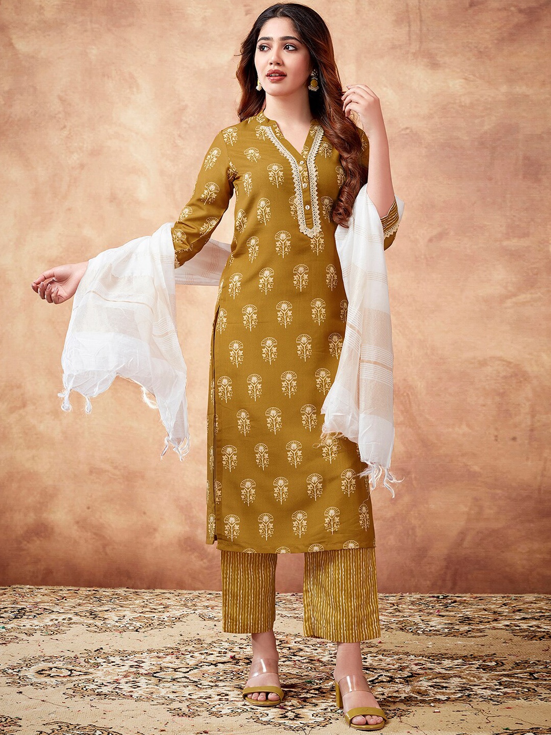 KALINI Floral Printed Regular V-Neck Straight Kurta with Palazzos & Dupatta, Mustard
KALINI Floral Printed Regular V-Neck Straight Kurta with Palazzos & Dupatta, Mustard