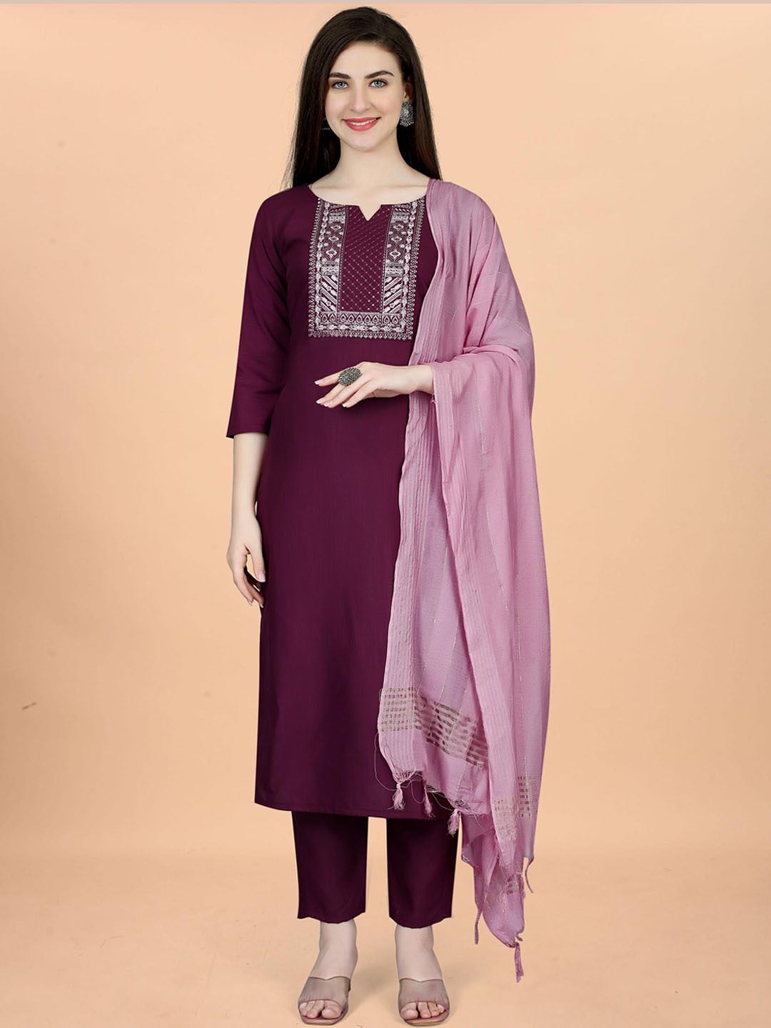 Ekasya Regular Thread Work Pure Cotton Straight Kurta with Trousers & With Dupatta, Purple
Ekasya Regular Thread Work Pure Cotton Straight Kurta with Trousers & With Dupatta, Purple