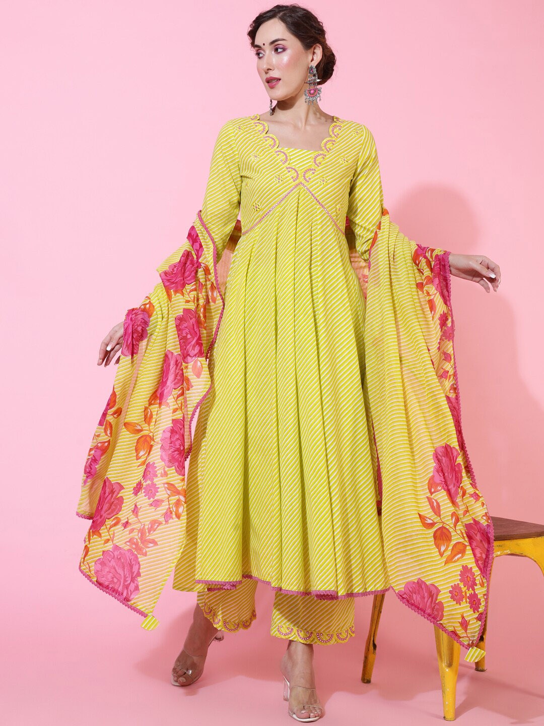 GULMOHAR JAIPUR Striped Mirror Work Pure Cotton Anarkali Kurta & Palazzos With Dupatta, Yellow
GULMOHAR JAIPUR Striped Mirror Work Pure Cotton Anarkali Kurta & Palazzos With Dupatta, Yellow