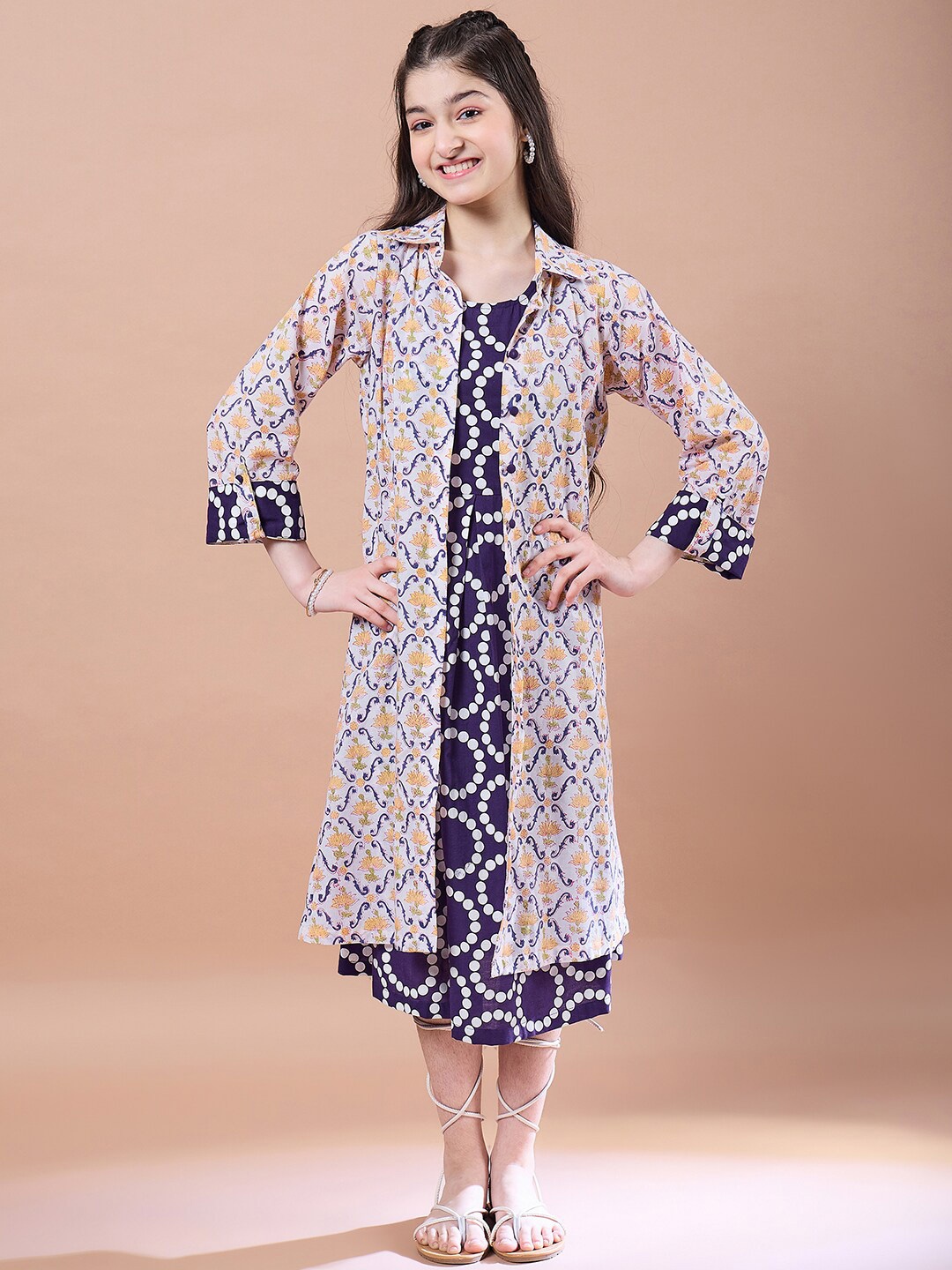 pspeaches Girls Geometric Print Cotton Round Neck A-Line Midi Dress with Shrug, Purple
pspeaches Girls Geometric Print Cotton Round Neck A-Line Midi Dress with Shrug, Purple