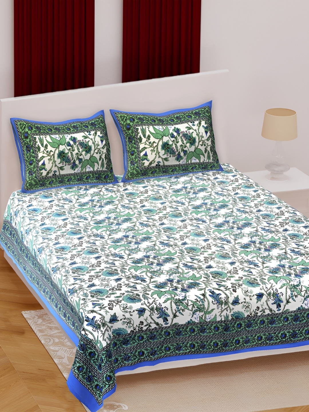 Texstylers Blue & Green Floral Printed Cotton 186 TC Queen Bedsheet With 2 Pillow Covers
Texstylers Blue & Green Floral Printed Cotton 186 TC Queen Bedsheet With 2 Pillow Covers