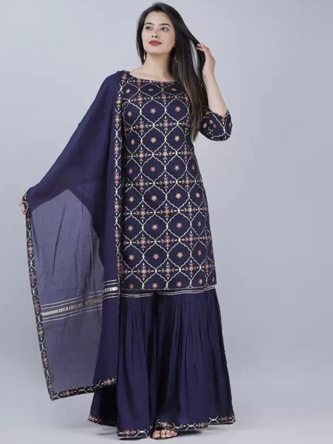 KALINI Ethnic Motifs Printed Regular Gotta Patti A-Line Kurta with Sharara & Dupatta, Navy blue
KALINI Ethnic Motifs Printed Regular Gotta Patti A-Line Kurta with Sharara & Dupatta, Navy blue