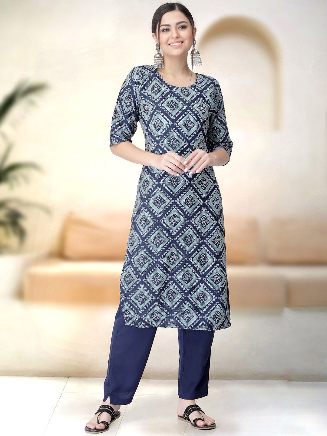 7Threads Ethnic Motifs Printed Round Neck Three-Quarter Sleeves Kurta with Trousers, Blue
7Threads Ethnic Motifs Printed Round Neck Three-Quarter Sleeves Kurta with Trousers, Blue