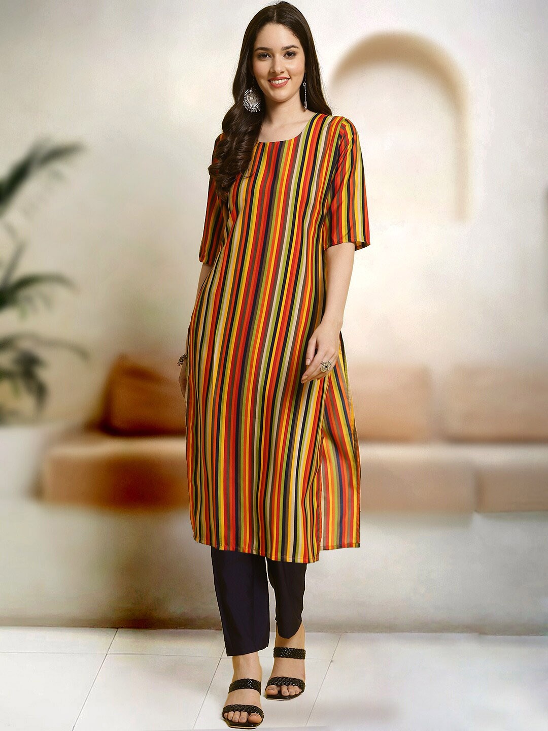 7Threads Striped Printed Round Neck Three-Quarter Sleeves Kurta with Trousers, Yellow
7Threads Striped Printed Round Neck Three-Quarter Sleeves Kurta with Trousers, Yellow
