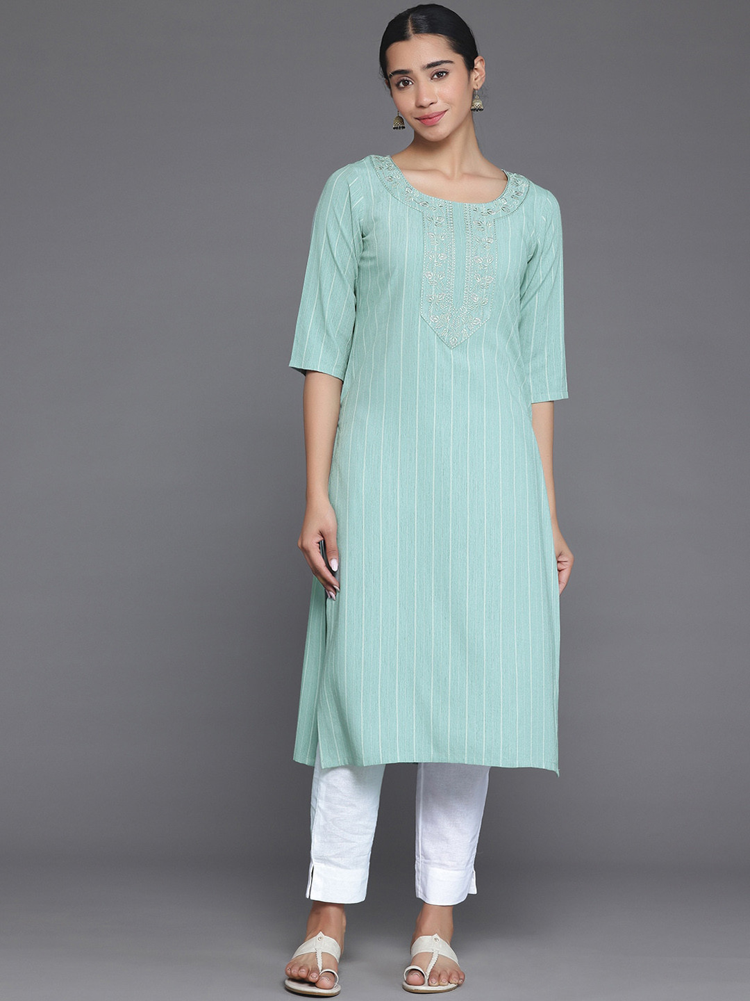 Libas Round Neck Striped Flared Sleeves Thread Work Floral Jacquard Kurta, Green
Libas Round Neck Striped Flared Sleeves Thread Work Floral Jacquard Kurta, Green