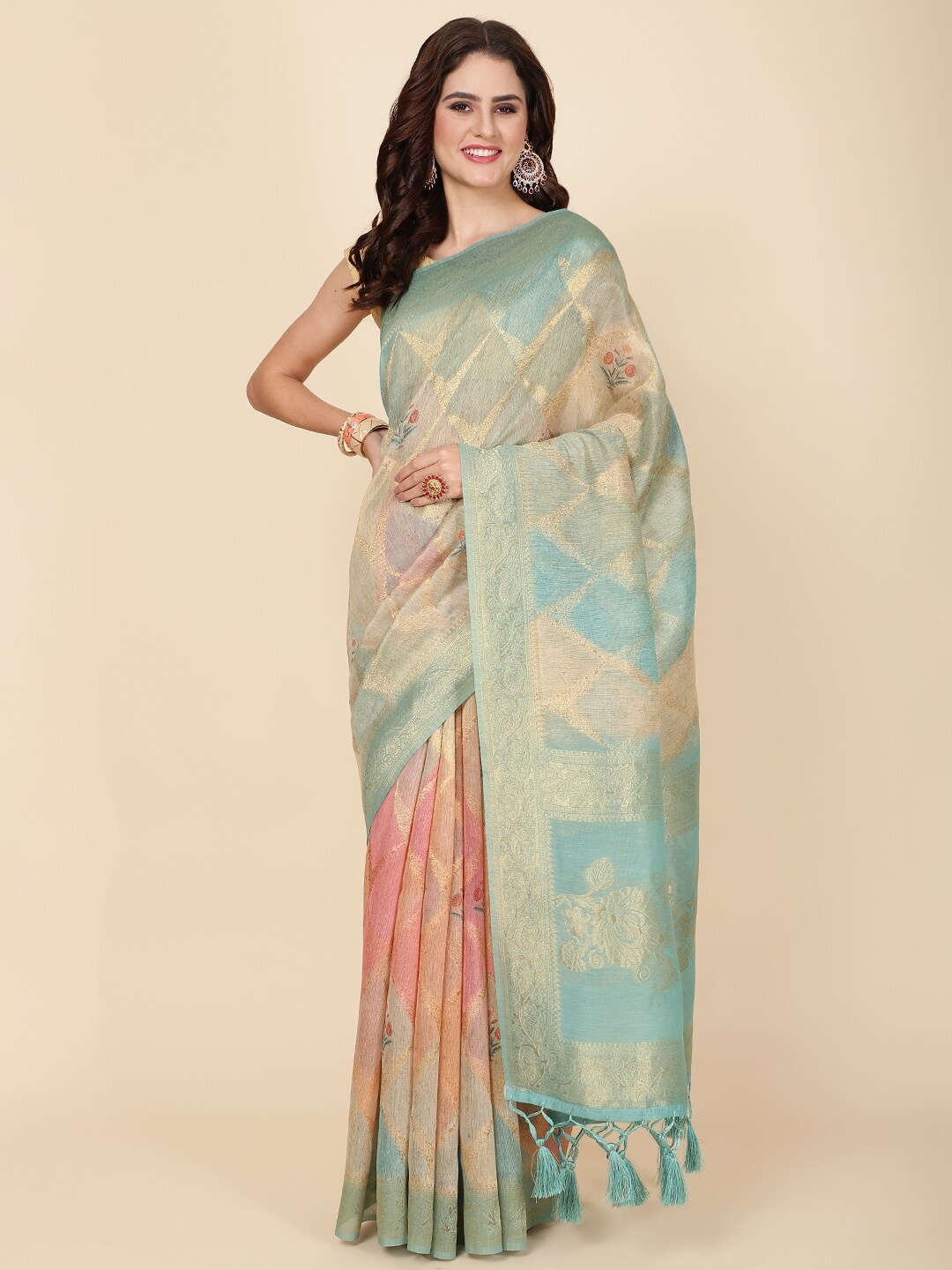 Meena Bazaar Ethnic Motifs Woven Design Zari Saree, Blue