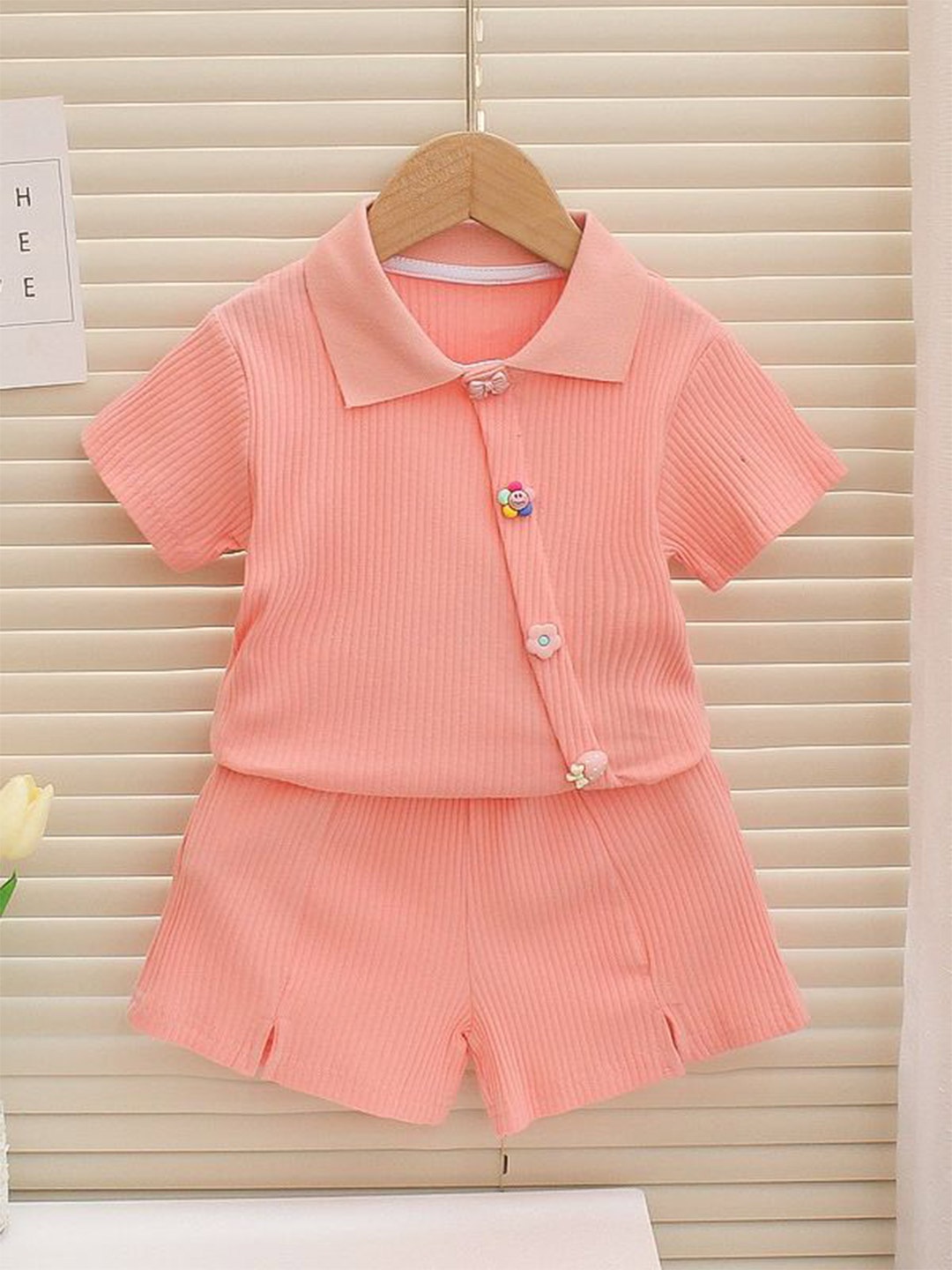 INCLUD Girls Striped Shirt Collar T-shirt With Shorts, Pink